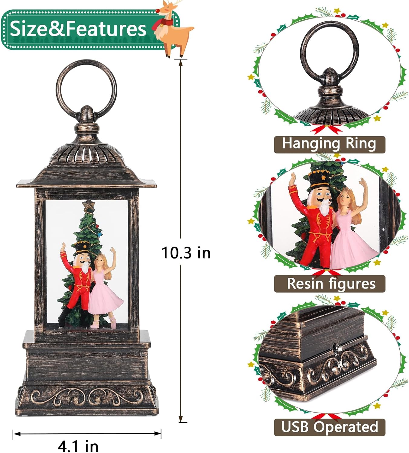 Christmas Snow Globe Nutcracker Lantern, Glitter Lighted Christmas Decorations for Home with Music, Light Up Snowglobe Christmas Décor