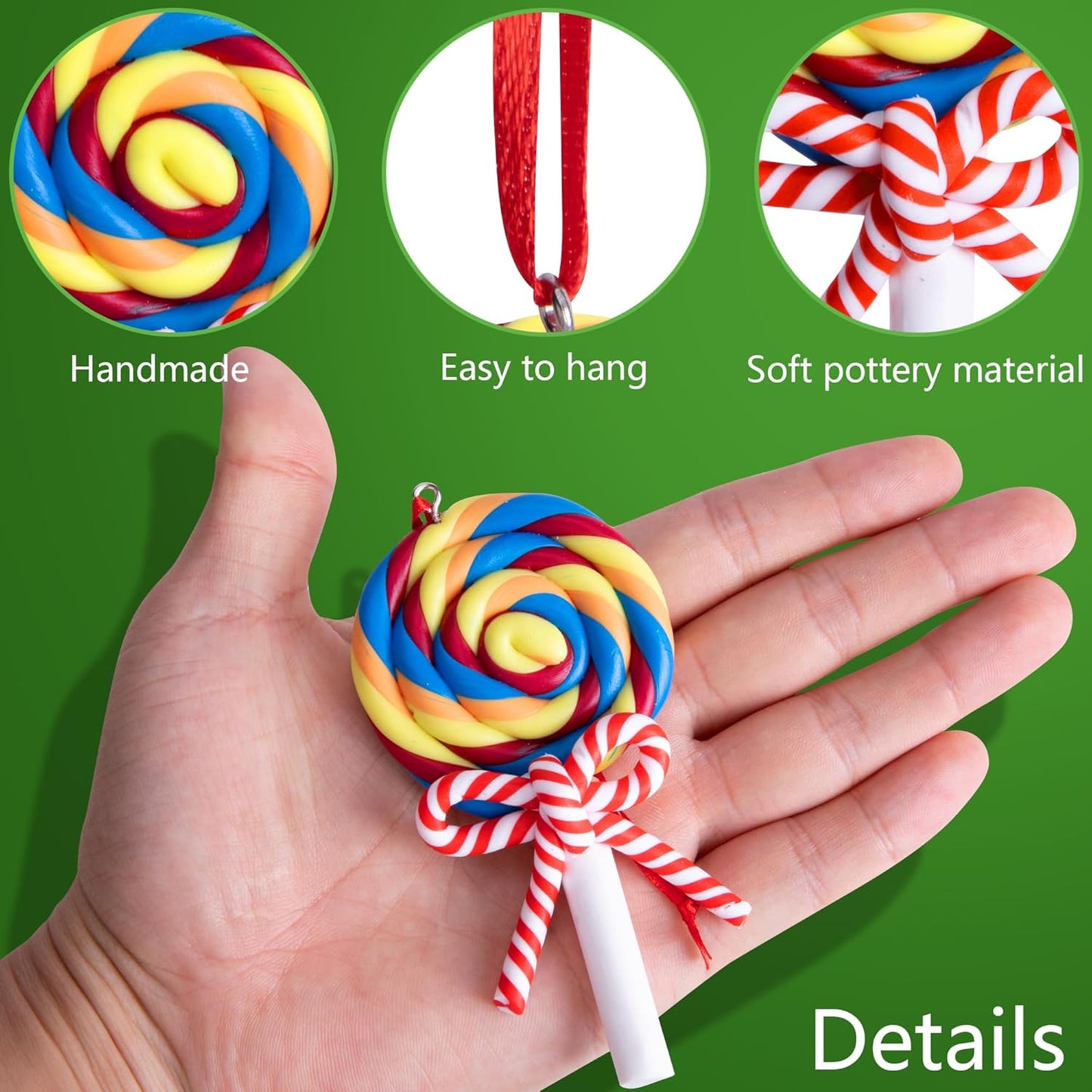 codree 8 Pcs Christmas Lollipop Ornaments - Polymer Clay Christmas Candies - Xmas Decor Candy Cane Hanging Tree Ornaments for Party Home Decoration