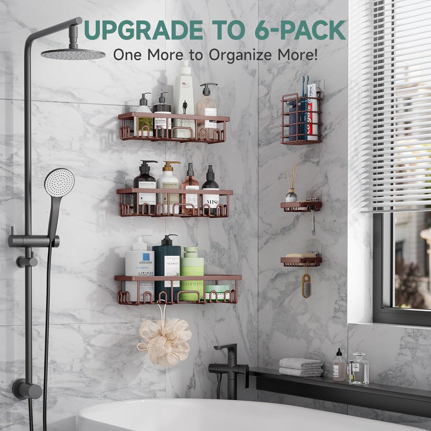 Veken Shower Caddy 6-Pack, No Drilling & Rustproof, Waterproof Adhesive Shelves Rack with Soap Holder, Large Capacity Bathroom Organizers and Storage, Wall-Mounted Kitchen & Home Decor