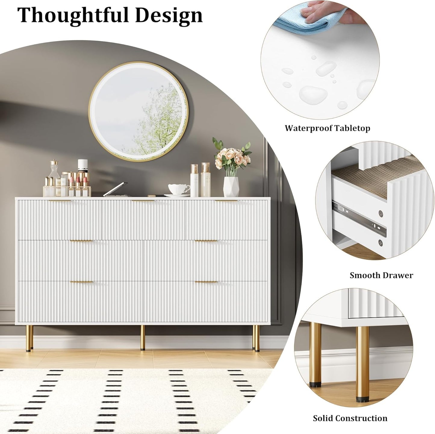 GarveeHome 7 Drawers Dresser for Bedroom, Fluted Chest of Drawers with Gold Handle, Wood Modern Dresser for Closet, Bedroom Furniture Storage Organizer for Living Room, Hallway, White