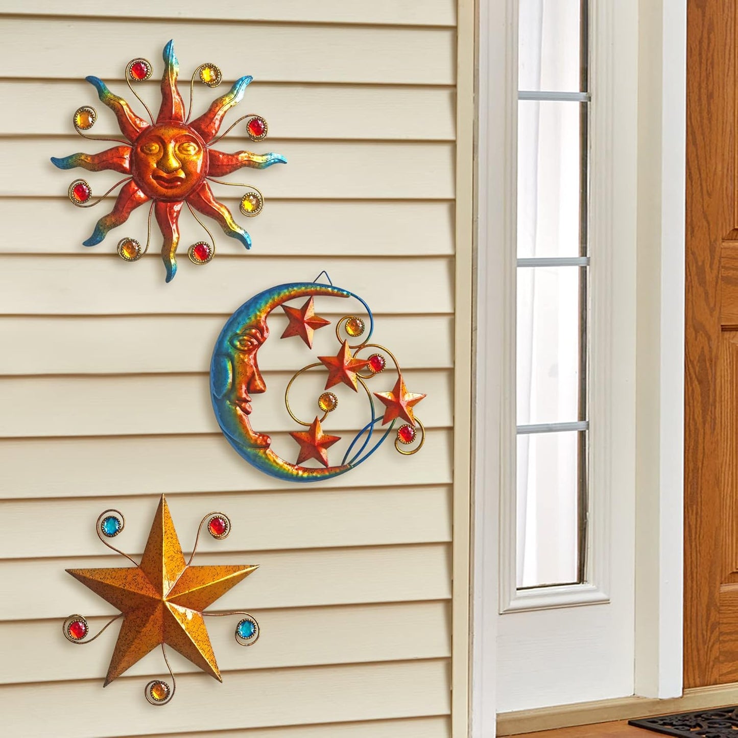 Limygus Metal Wall Art Sculpture, Set of 3 - Celestial Wall Decoration - Sun Moon Star Decorative Silhouette - Waterproof Wall Hanging Decor for Home Office, Bedroom, Bathroom, Living Room