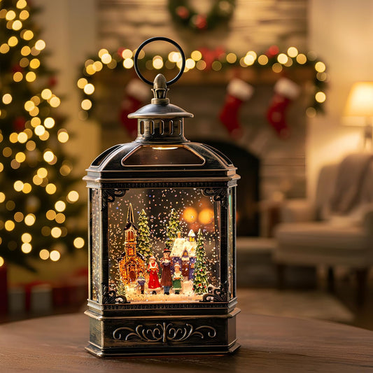 Christmas Snow Globe Lantern Water Glittering Town Home with Carolers, Music & Timer, USB Lined/Battery Operated Lighted Lantern for Christmas Festival Decoration Gifts