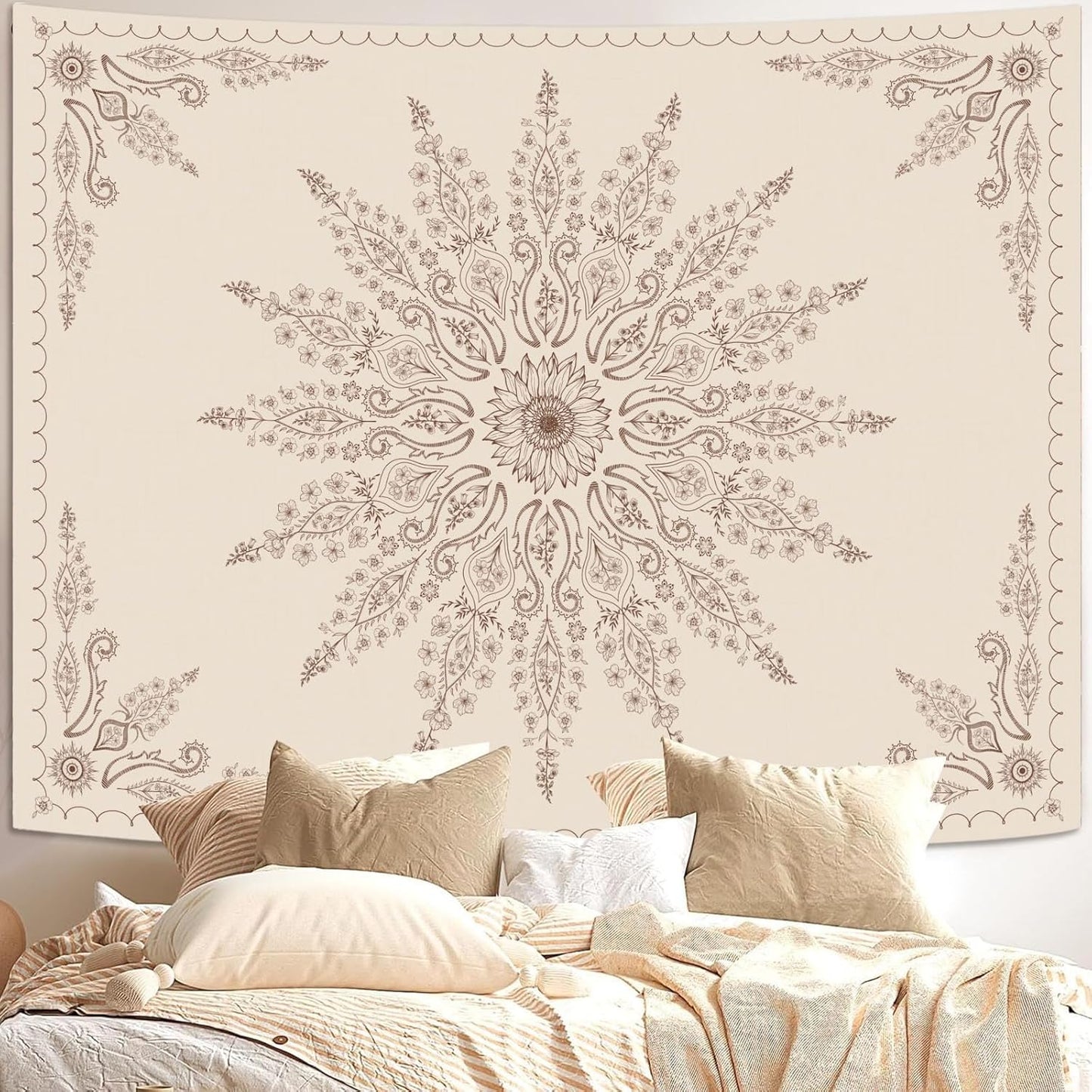 Fowocu Boho Floral Mandala Tapestry for Bedroom Aesthetic Bohemian Flower Wall Tapestry Beige Hippie Indian Small Tapestries Wall Hanging for Living Room Dorm Decor 40 x 30 Inch
