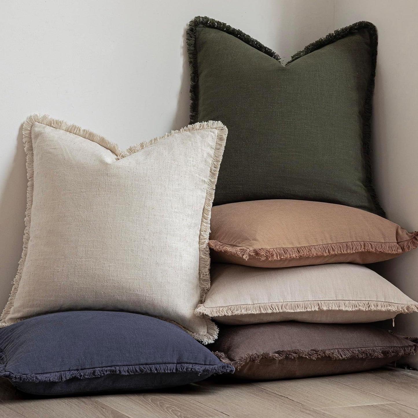 Foindtower Set of 2 Decorative Linen Fringe Throw Pillow Covers Cozy Farmhouse Cushion Cover with Tassels Accent Pillowcase for Couch Chair Sofa Bed Living Room Home Decor,22×22 Inch,Dark Olive Green