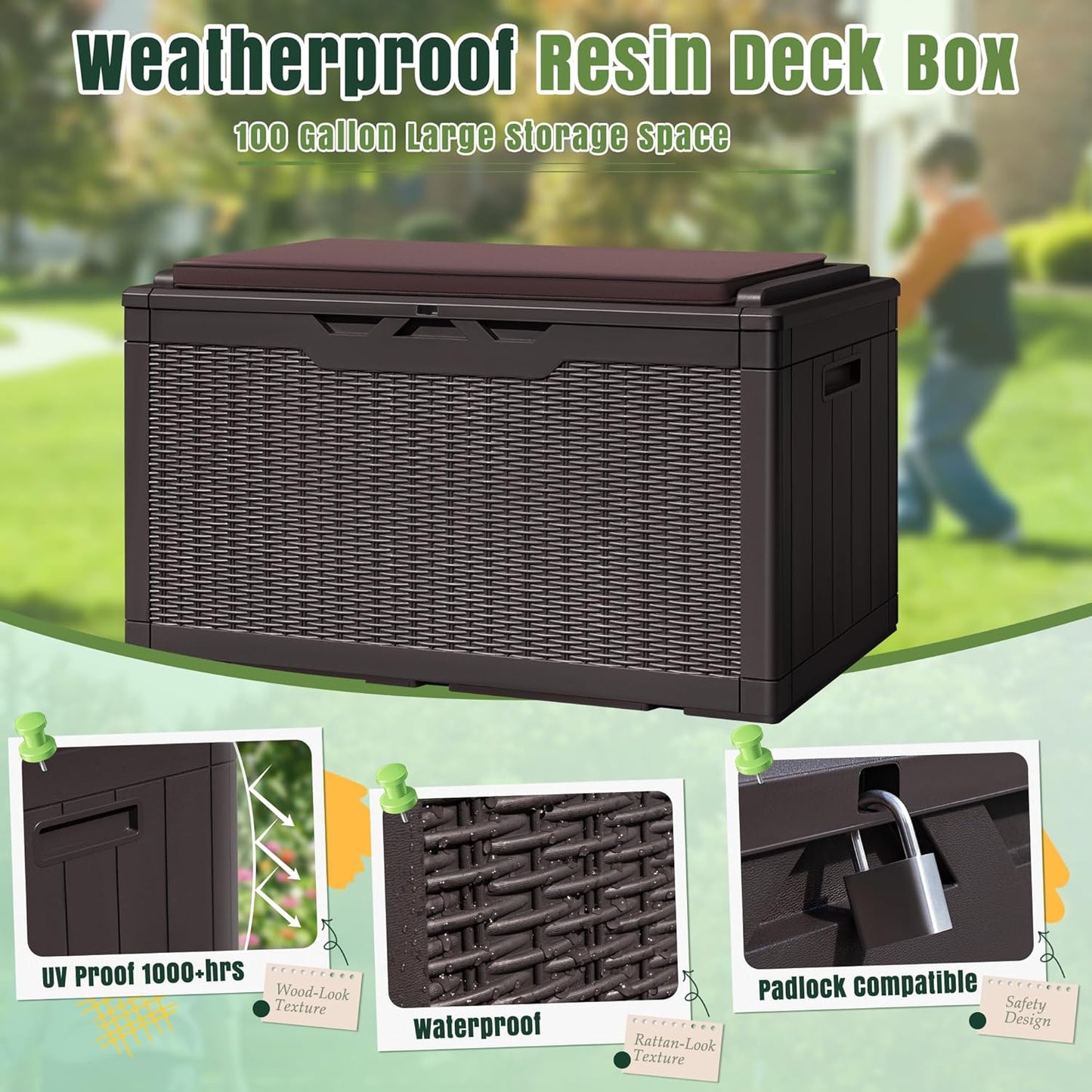 Greesum 100 Gallon Resin Deck Box Large Outdoor Storage with Cushions for Patio Furniture, Garden Tools, Pool Supplies, Weatherproof and UV Resistant, Lockable, Dark Brown