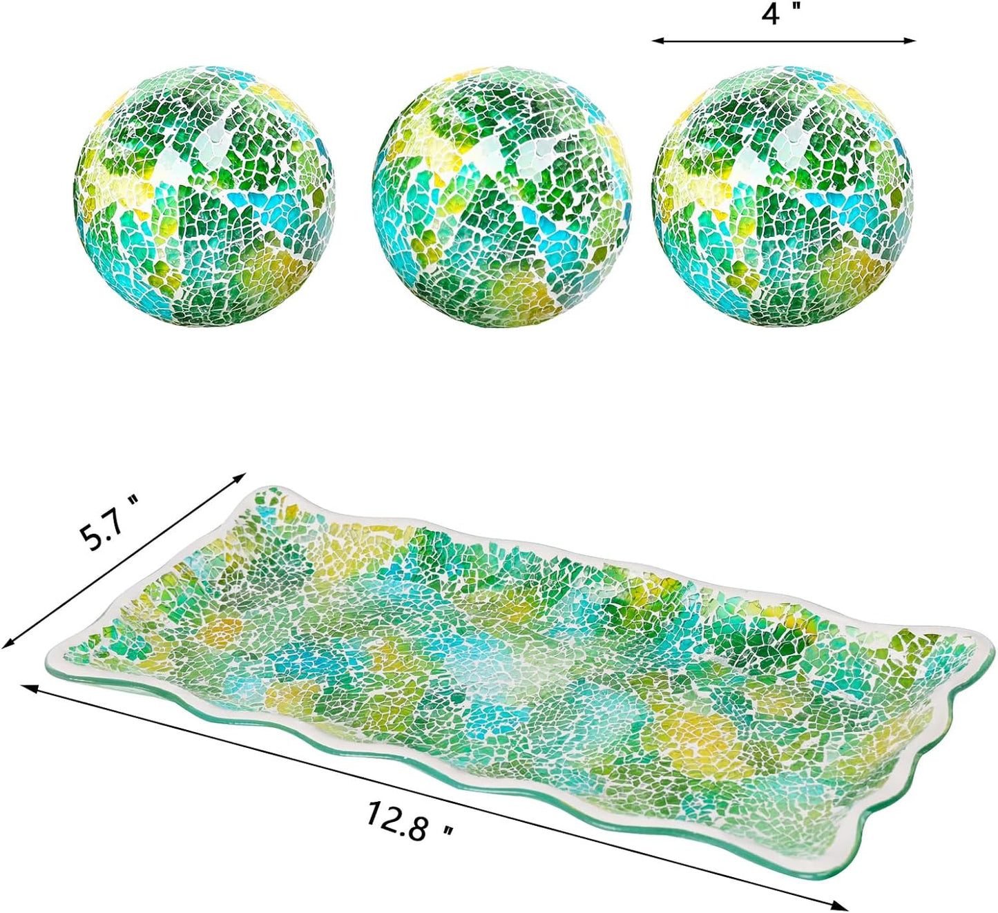 VCUTEKA Decorative Balls and Glass Bowl, 4 Inch Mosaic Sphere Balls Centerpiece Balls for Coffee Table, Home Decor, Wedding Party Decor, Green