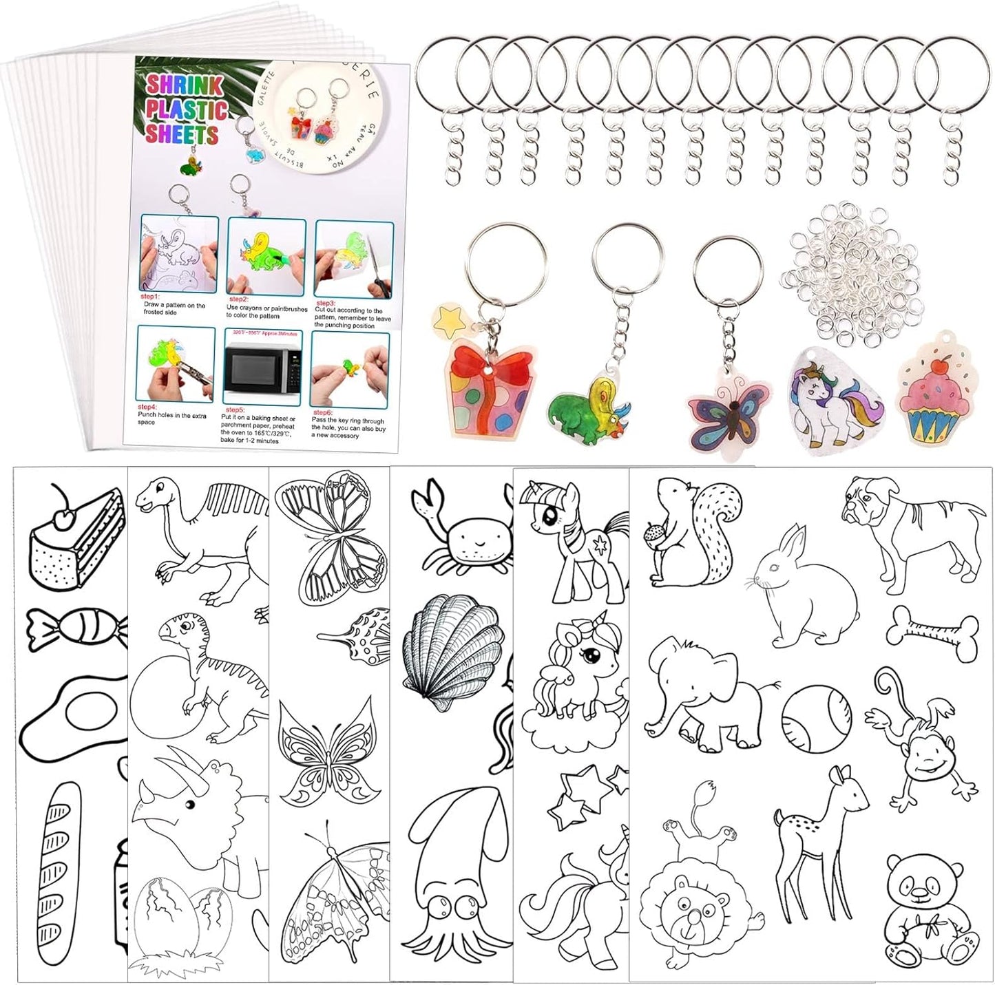 Natonhi Shrinky Dink Sheets Kit 145Pcs Shrink Art Kit Including 20pcs Shrinky Paper Sheets 6pcs Traceable Picture Keychains Accessories- Perfect for Shrink Paper Sheets Crafts Making