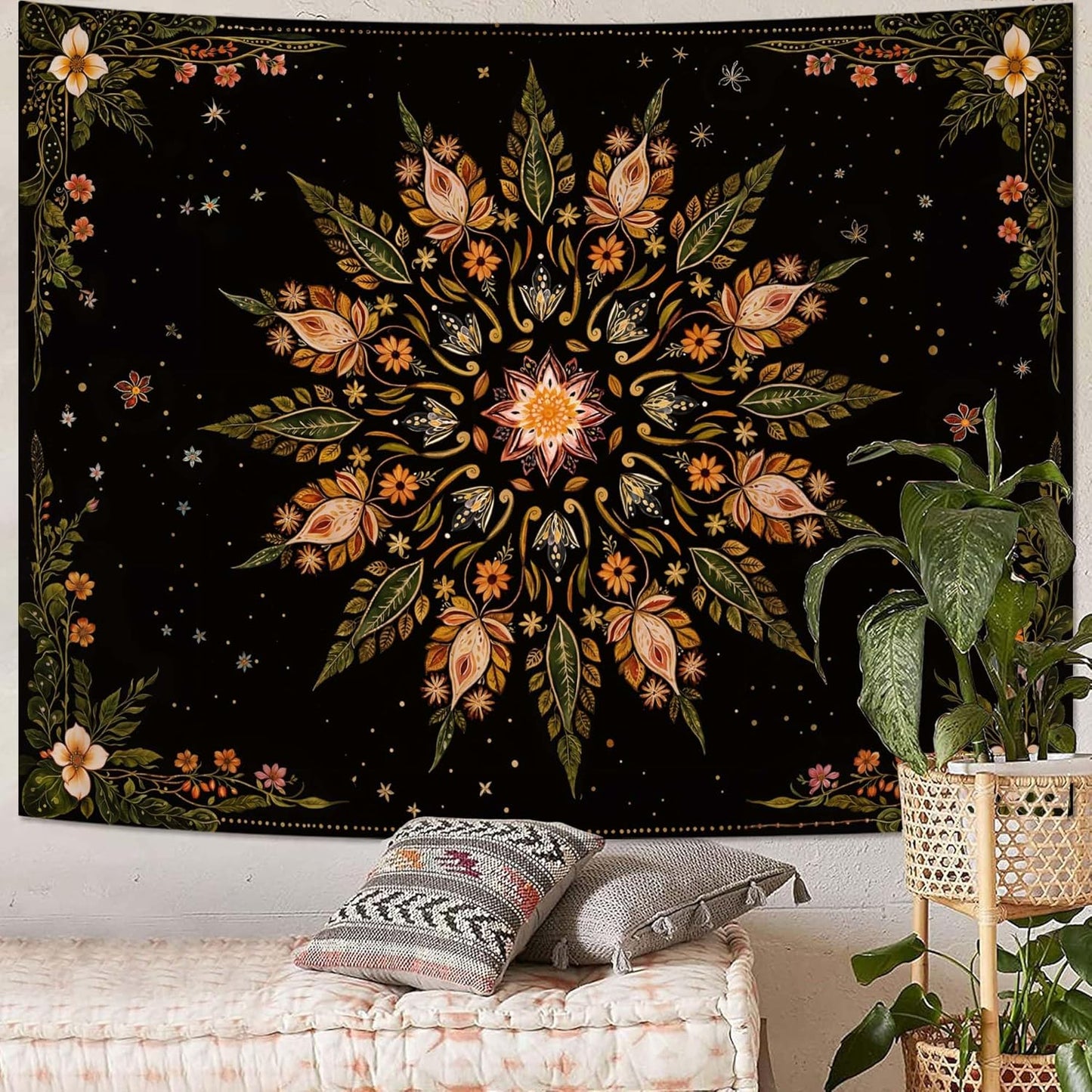 Fowocu Boho Floral Mandala Tapestry for Bedroom Aesthetic Vintage Bohemian Flower Wall Tapestry Black Green Hippie Indian Tapestries Wall Hanging for Living Room Dorm Decor 60 x 44 Inch