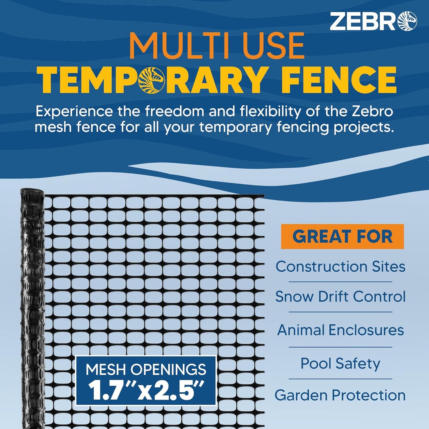 ZEBRO 4' x 50' Orange Plastic Garden Fence Roll – Light Duty Mesh Fencing for Temporary Fence, Snow, Garden Netting, Animal Barrier, Agricultural Fencing & Lawn Protection