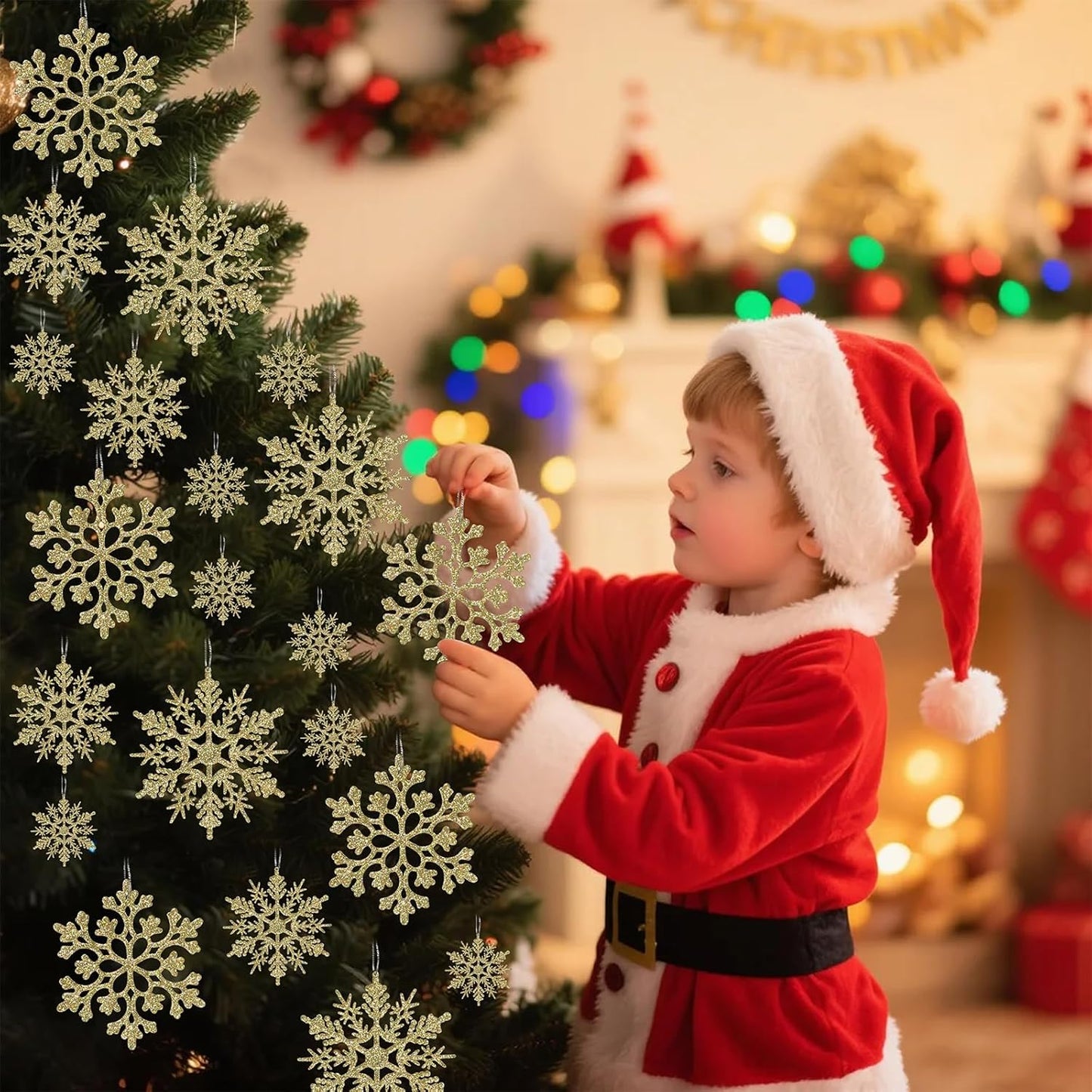 Christmas Tree Decorations Snowflake Ornaments, 36Pcs Glitter Gold Plastic Hanging Snowflakes from Ceiling Snow Flakes Decorating Hanging for Winter Wonderland Decorations Indoor Outdoor Decor