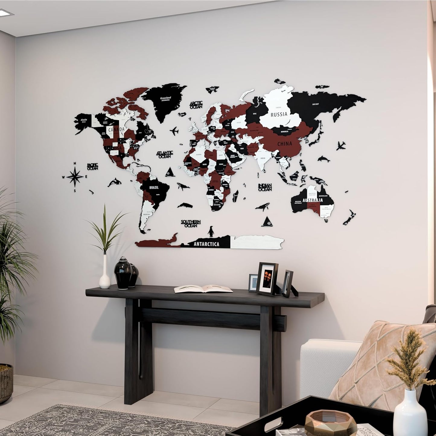 Colorfull Worlds 3D Wooden World Map Wall Art | Unique Wall Decor with Pins for Travel Enthusiasts | Home and Office Wall Décor | Burgundy | Medium
