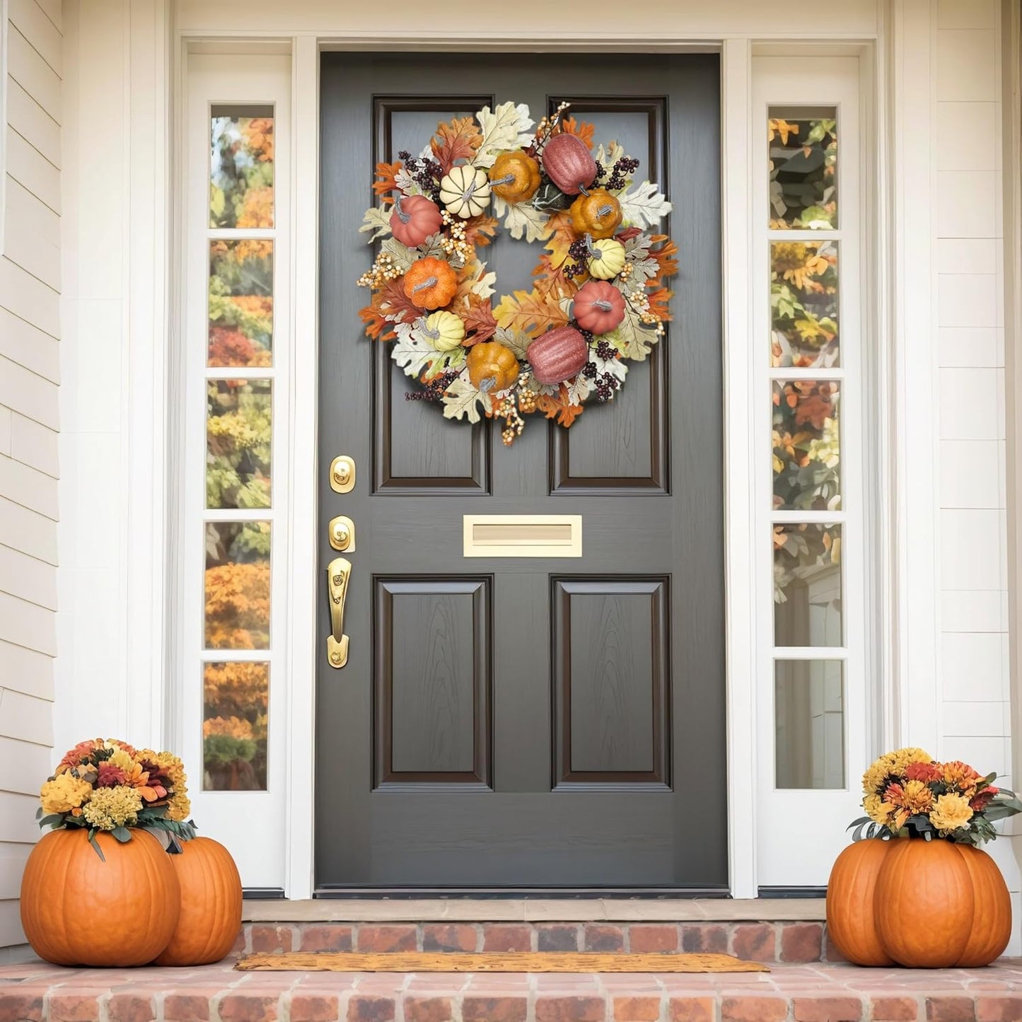 24 inch Fall Wreaths for Front Door Outside Autumn Wreath Fall Decorations for Home Decor Pumpkin Wreath for Farmhouse Holiday Thanksgiving Harvest Halloween Outdoor Indoors Fall Front Porch