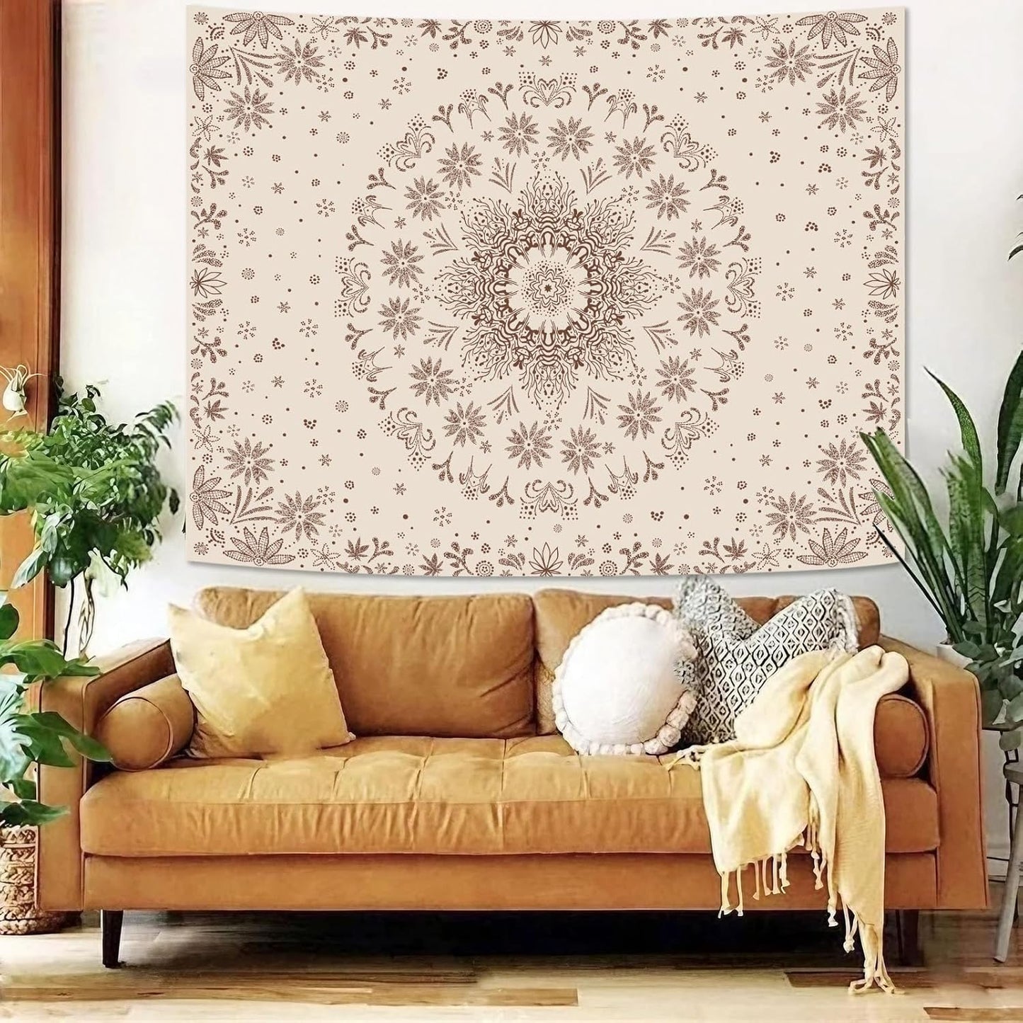 Fowocu Boho Floral Mandala Tapestry Wall Hanging Bohemian Flower Medallion Tapestry Aesthetic Beige Brown Hippie Indian Small Tapestries for Bedroom Living Room Dorm Decor 60 x 44 Inch