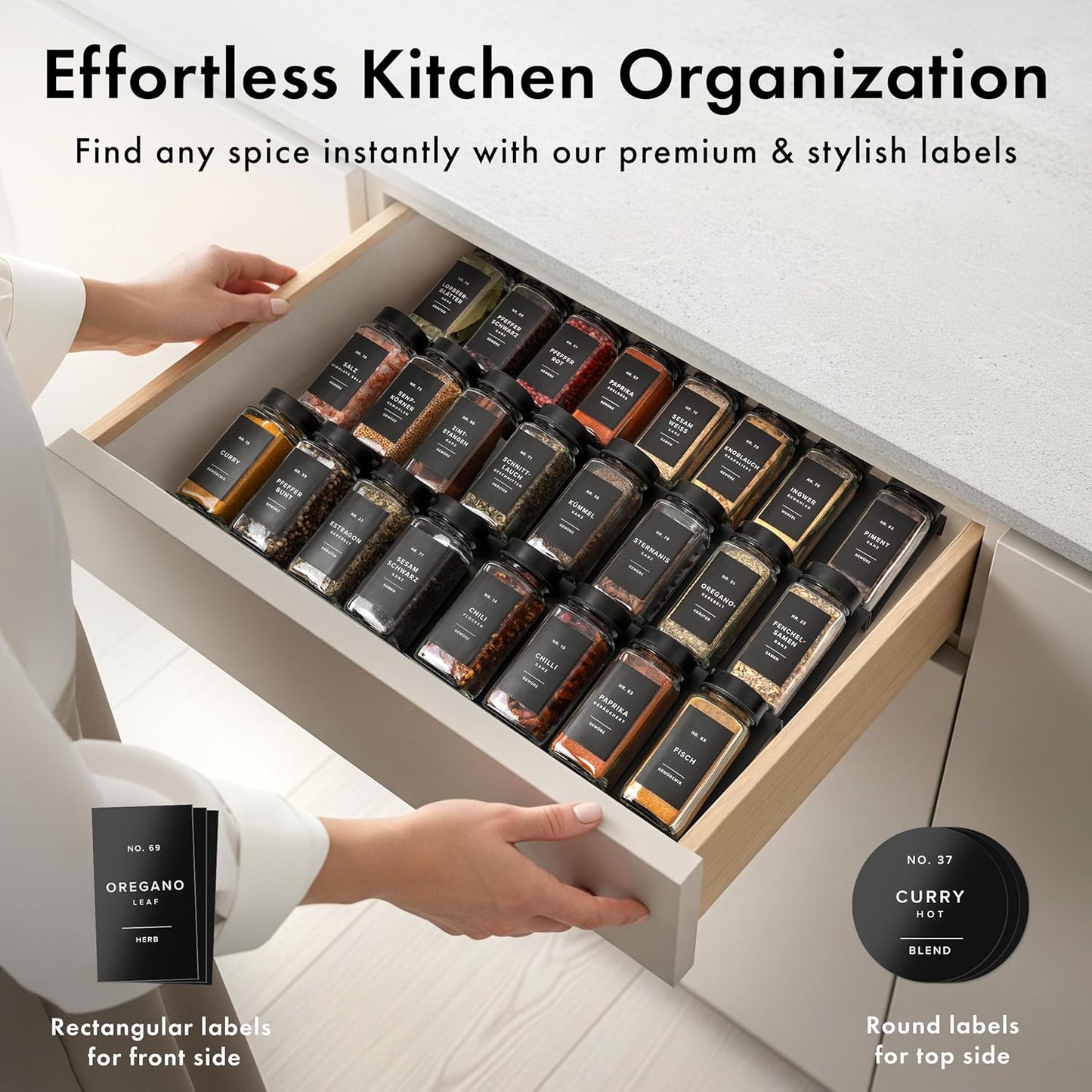 Glass Spice Jars with Label and Stainless Steel Lids (24 x 4oz) Spice Containers with 240 Labels, Shaker Inserts, Steel Funnel, Empty Square Empty Square Seasoning Organizer (Black)