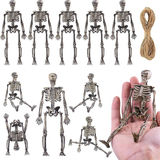 10 Pcs mini skeleton halloween decoration With hemp rope，6”small plastic posable halloween tiny skeleton figurines decor for Halloween Indoor Outdoor Graveyard Decor Haunted House Party Favors