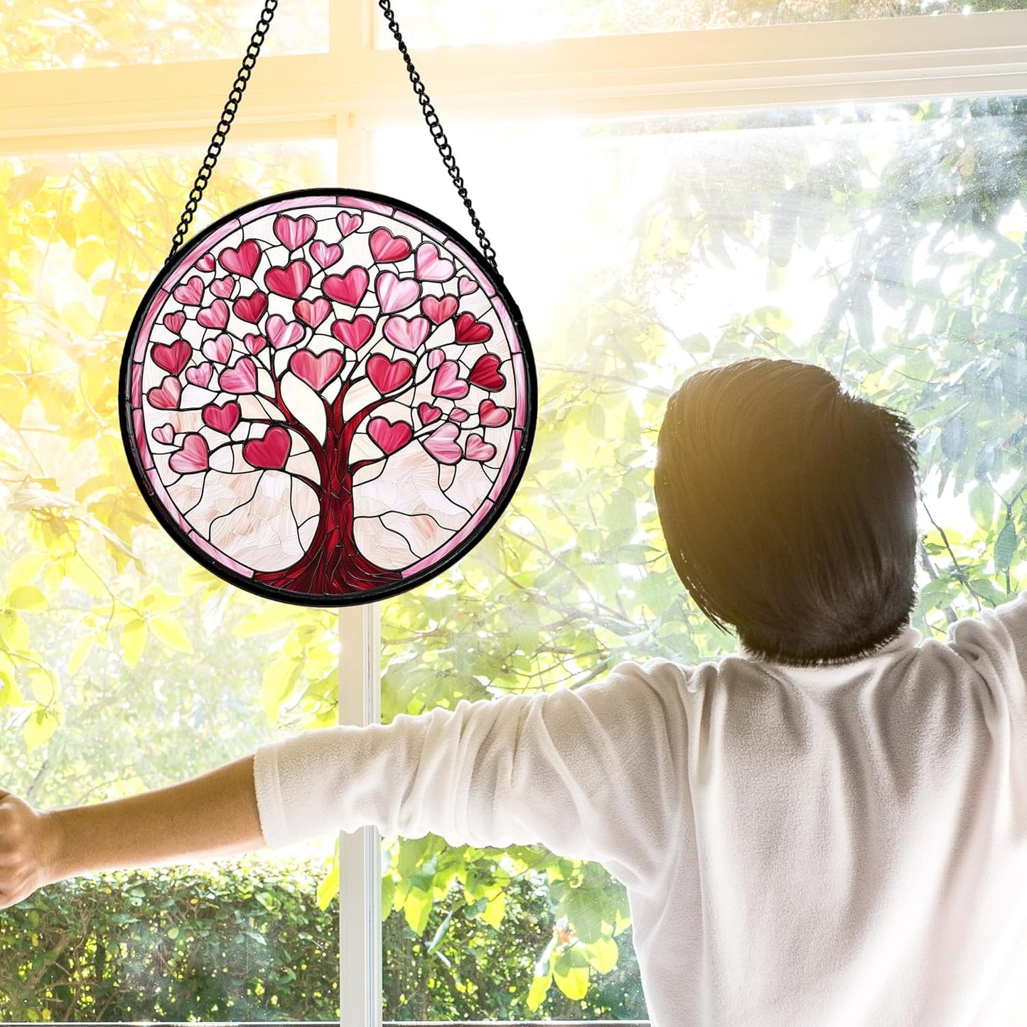 Stained Glass Window Hanging, Pink Love Heart Tree Suncatcher Hangings Beige Sun Catchers Decor for Birthday Holiday for Women, Men, Wife, Aunt, Mom 9.8IN
