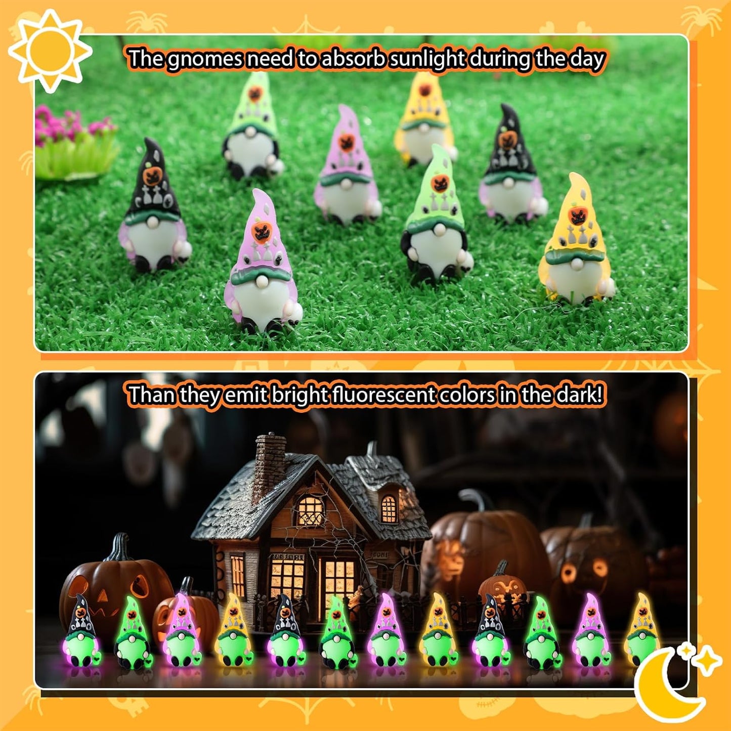 Wesiti 50 Pcs Luminous Halloween Mini Gnomes Figurines Bulk Glow in Dark Miniature Ornaments Hide and Seek Tiny Gnomes Figures Statue Halloween Party Favor Bag Fillers Garden Dollhouse Decor Gifts
