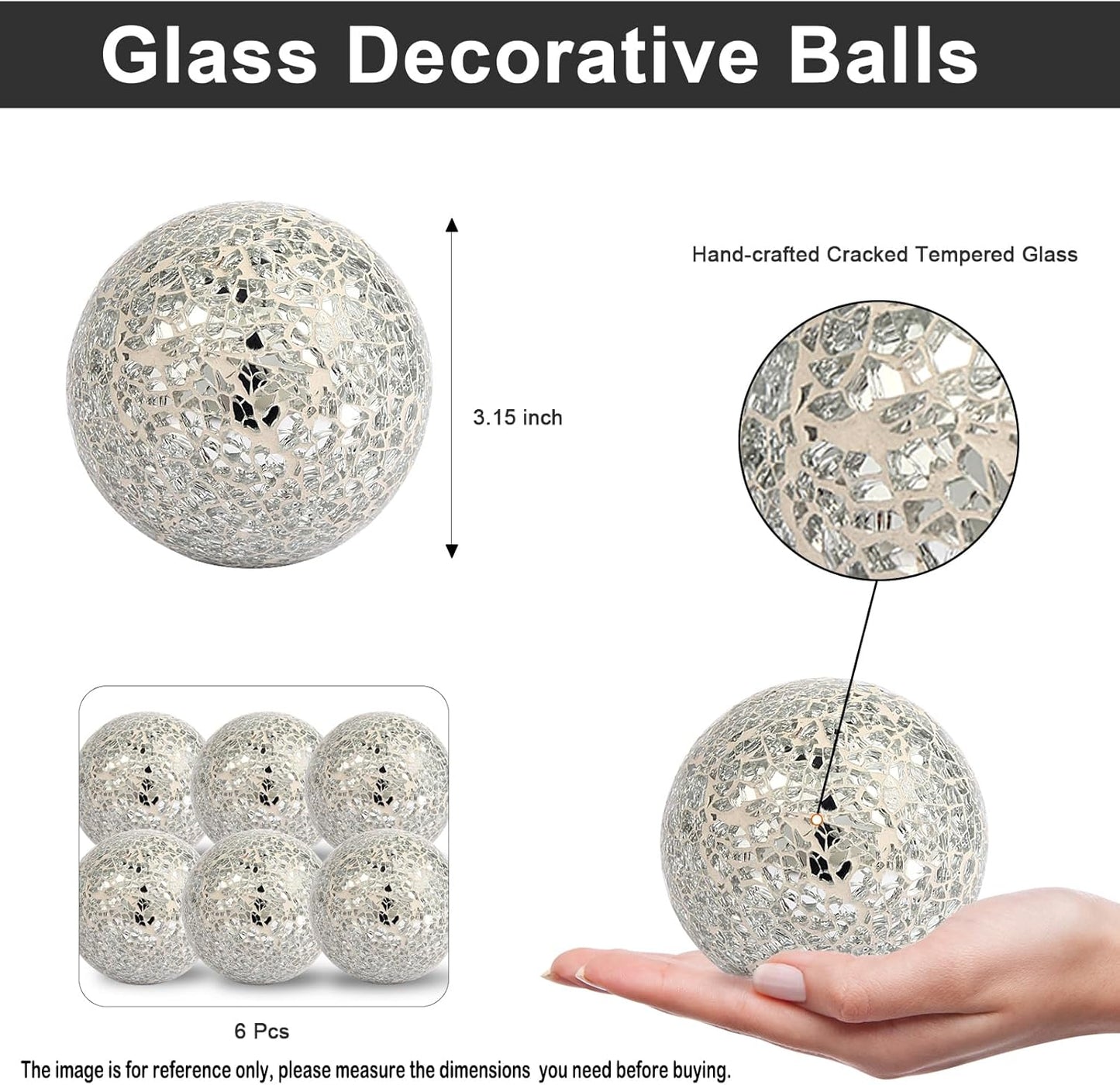 6Pcs Decorative Ball for Bowls, 8cm/3.15inch Mosaic Glass Centerpiece Decoration Balls Mirror Glass Ball Fillers for Home Decor Dining Tables Wedding Party (Sliver)