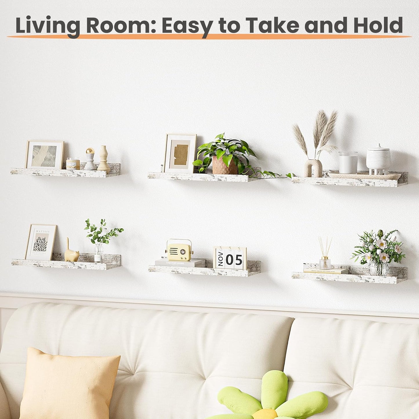 upsimples Floating Shelves for Wall, Wall Shelves for Decor Storage Set of 6, Wall Mounted Wood Shelf for Bedroom, Living Room, Bathroom, Kitchen, Picture Ledge Shelf, Rustic White