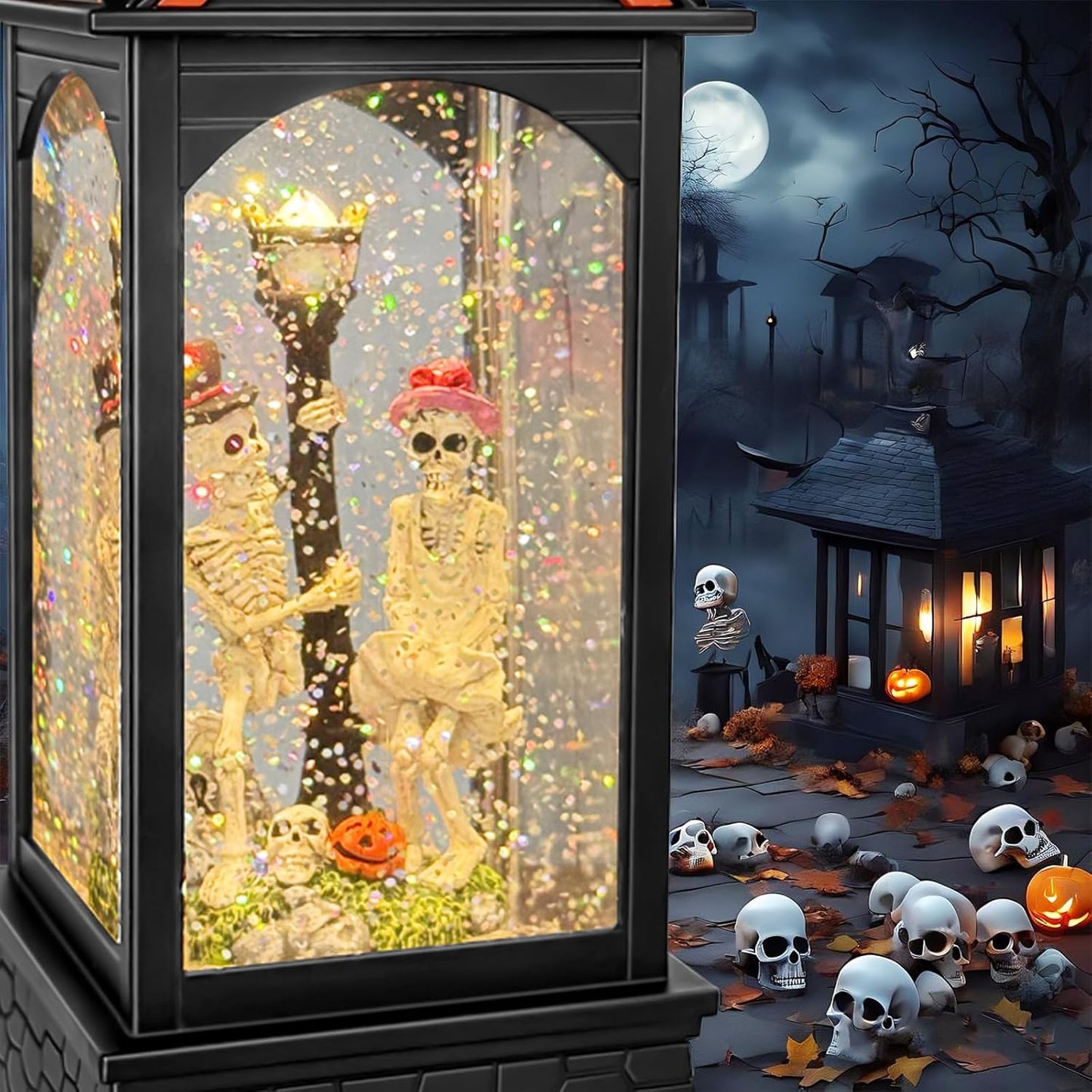 Halloween Snow Globe Lantern, Spooky Ghost Halloween Decor, Plug-in & Battery Operated Snow Globes for Halloween Decorations Indoor
