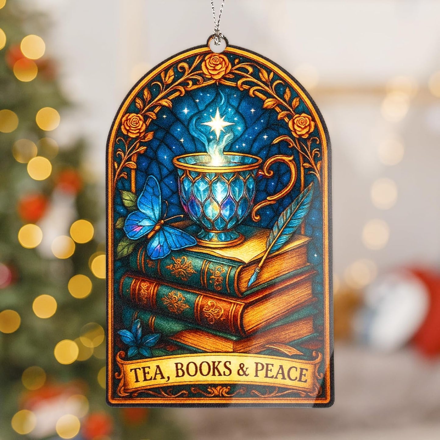 Tea Books Peace Ornament – book lover – tea gifts – reading decor – christmas ornament – Suncatcher effect stained glass window hanging – Car Hanging