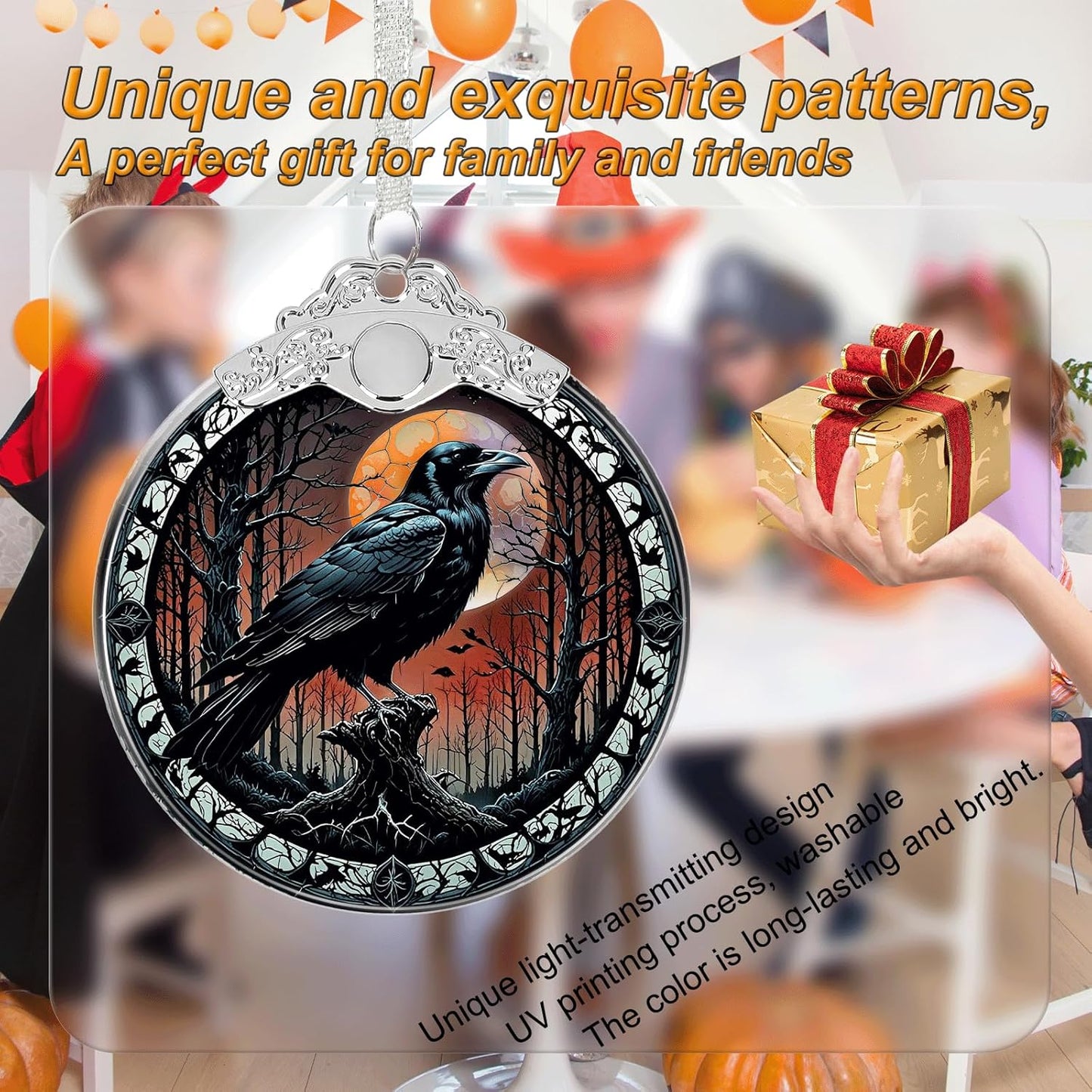 Crow Under Moonlight Halloween Christmas Tree Stained Glass Ornament - Hanging Ornaments for Christmas Tree Decorations - Holiday Keepsake Present Exchange Idea