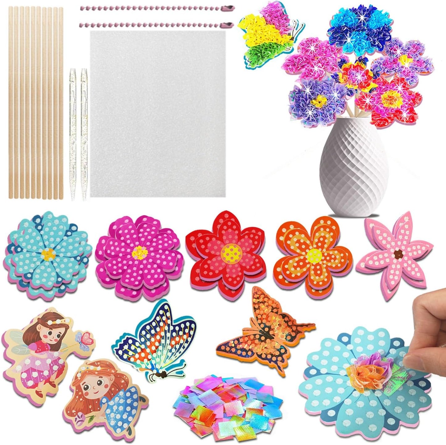 mom&myaboys Flower Bouquet Poke in Kit for Kids - Wooden DIY Craft Set Ages 4-9, No Glue Mess-Free Creative Activity, Fun Arts & Crafts Gift for Girls Boys, Preschool Classroom Birthday Party