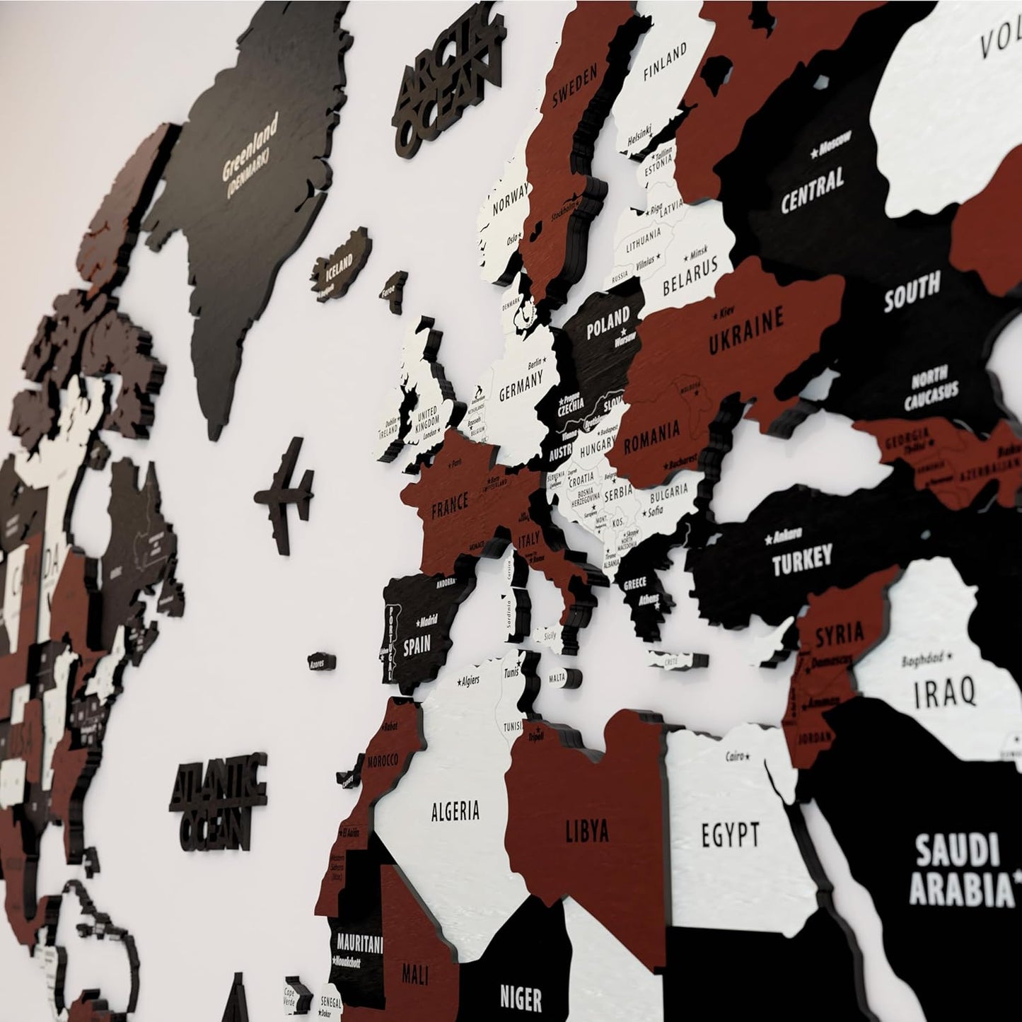 Colorfull Worlds 3D Wooden World Map Wall Art | Unique Wall Decor with Pins for Travel Enthusiasts | Home and Office Wall Décor | Burgundy | Large