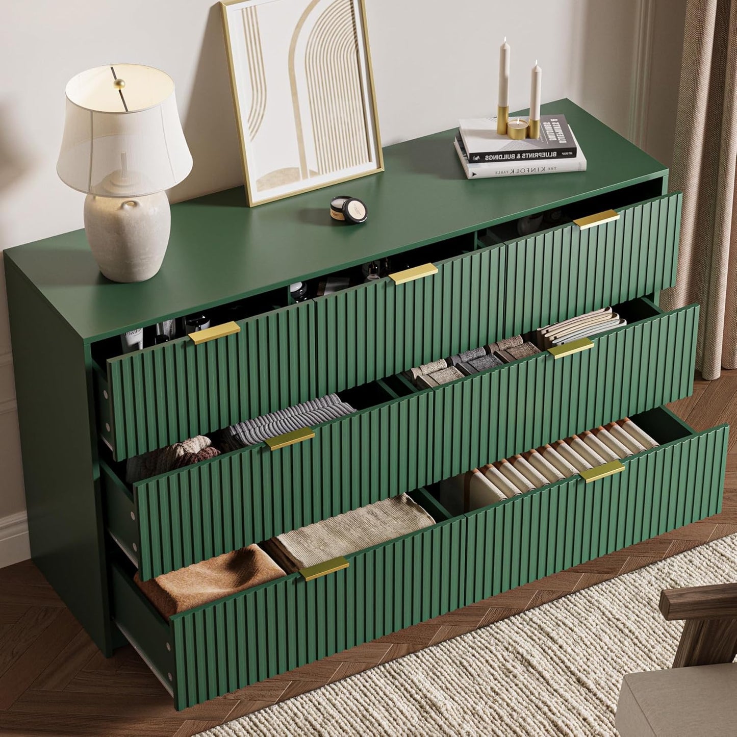 Green 7 Drawer Dresser for Bedroom, Modern Fluted Dresser with Gold Metal Handles, Wide Chest of Drawers for Bedroom, Living Room, Entryway, Hallway, 55.9" L x 15.7" D x 31.4" H