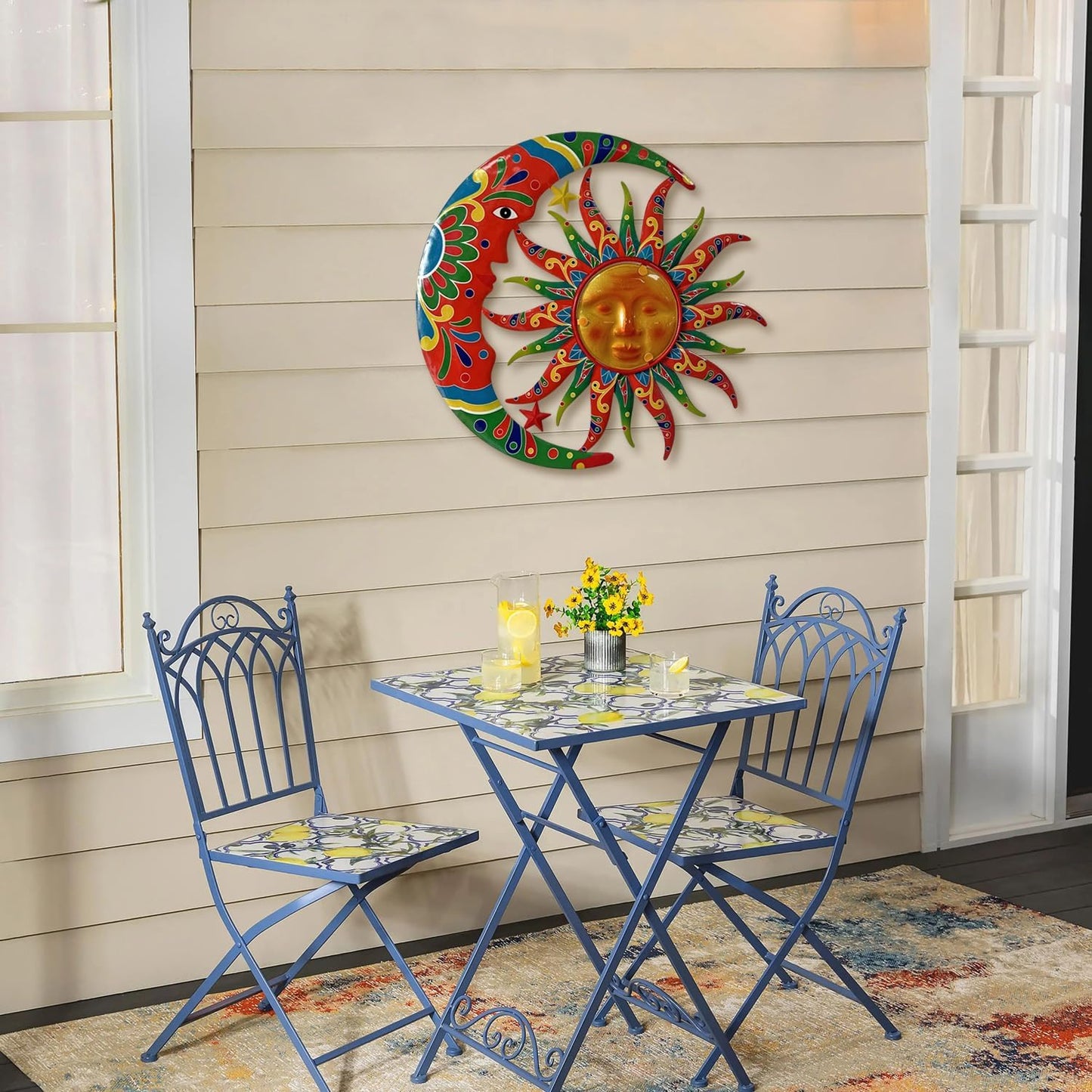 Limygus Sun and Moon Wall Decorations for Outdoor, Colorufl Metal Sun Wall Art Decor with Moon & Stars Perfect for Patio, Garden, Yard, Living Room, Bedroom