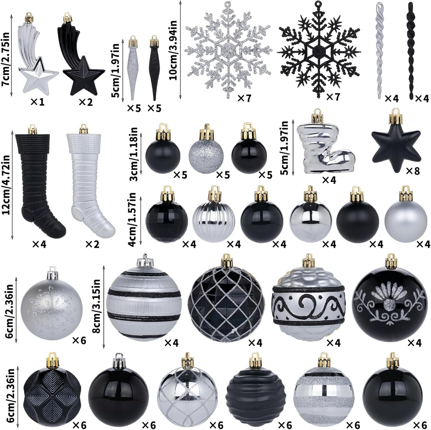 150PCS Black and Silver Christmas Ornaments - Shatterproof Ball Set, Assorted Baubles Hanging Decorations for Xmas Tree, Home, Festival, Party, Wedding