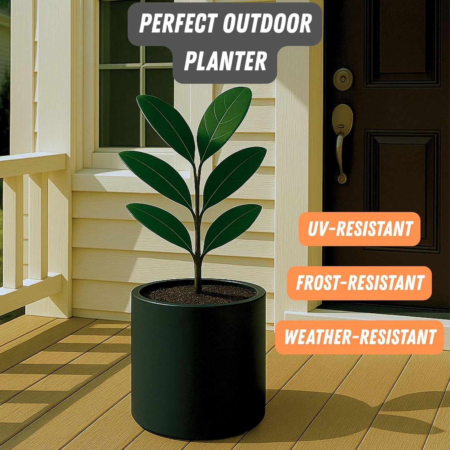 Fox & Fern 10 Inch Black Plant Pot with Drainage Plug — Premium Lightweight Fiberstone Matte Black Planter; 10 Inch Pots for Plants; for Indoor & Outdoor Use; Weather Resistant & UV Resistant