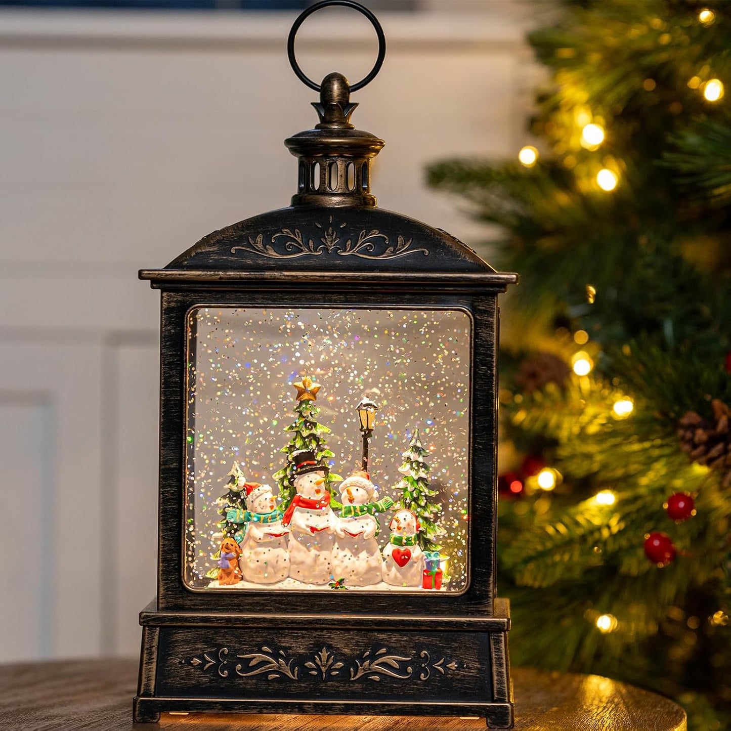 Christmas Snow Globe Swirling Glittering Snowman Choir with Music & Timer, USB Lined/Battery Operated Lighted Water Lantern for Christmas Festival Decoration Gifts