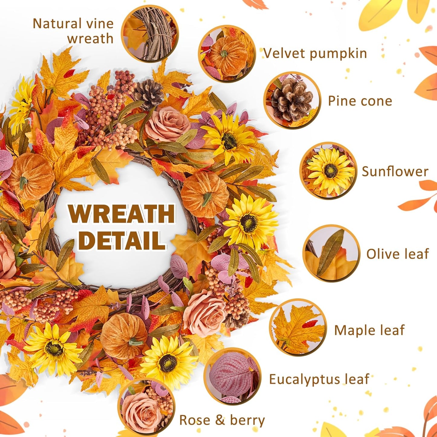 GENMOUS 24Inch Fall Wreaths for Front Door, Autumn Velvet Pumpkin Wreath Autumn Maple Leaves Porch Decor, Farmhouse Wreaths Home Wall Outdoor Indoor Thanksgiving Halloween Harvest Festival Fall Decor