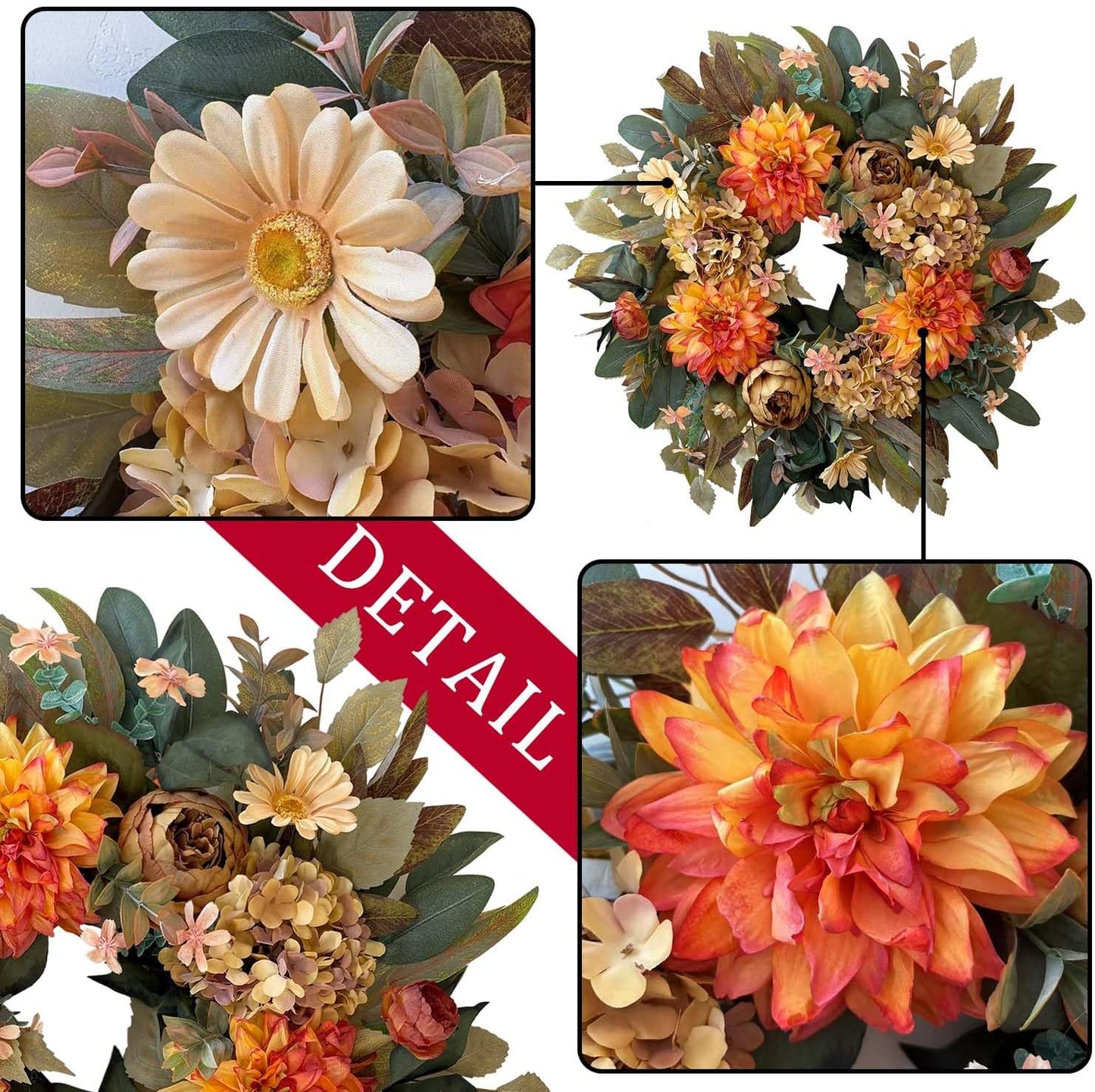 WANNA-CUL 24 Inch Spring Fall Wreaths for Front Door,Fall Wreath with Orange Hydrangea&Peony and Dahlia Flowers-Fall Decoration for Home-Large Fall Decor Door Wreath for Autumn,Harvest