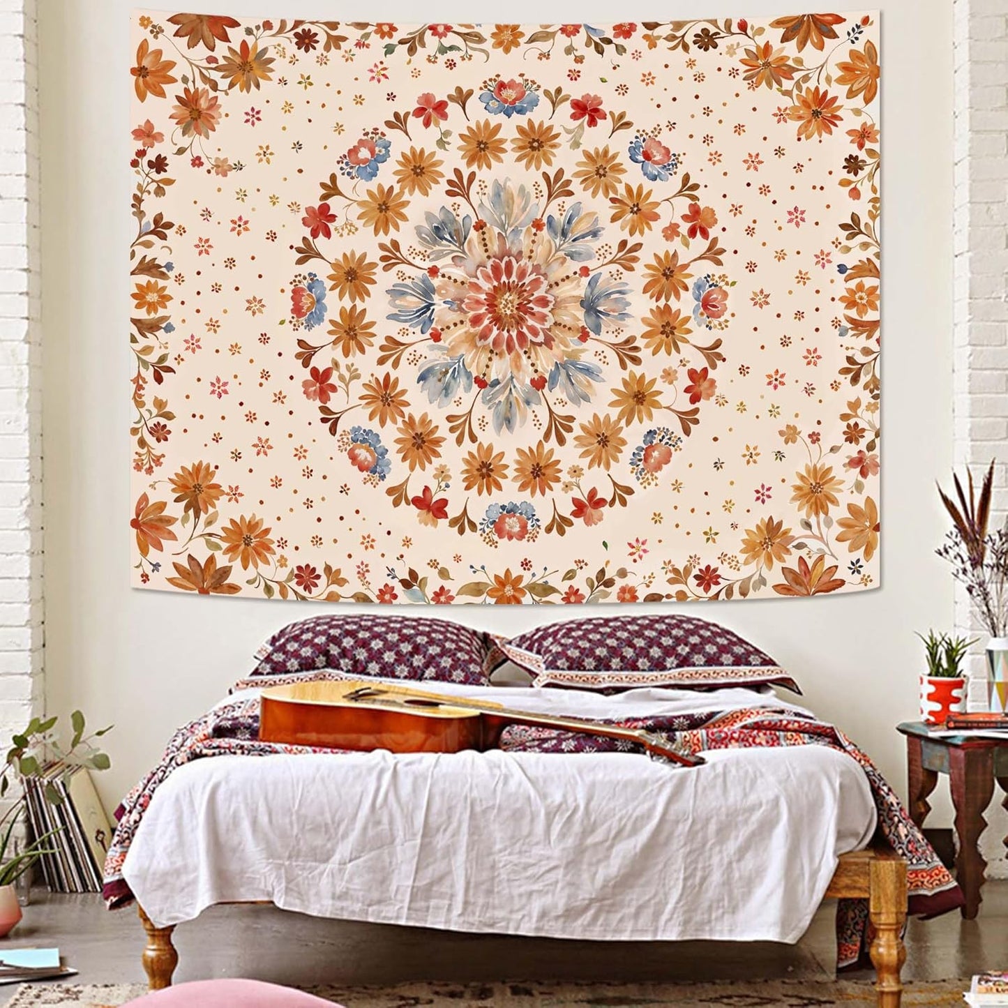 Fowocu Boho Floral Mandala Tapestry Wall Hanging Watercolor Bohemian Flower Medallion Tapestry Aesthetic Beige Orange Hippie Indian Small Tapestries for Bedroom Living Room Dorm Decor 60 x 44 Inch