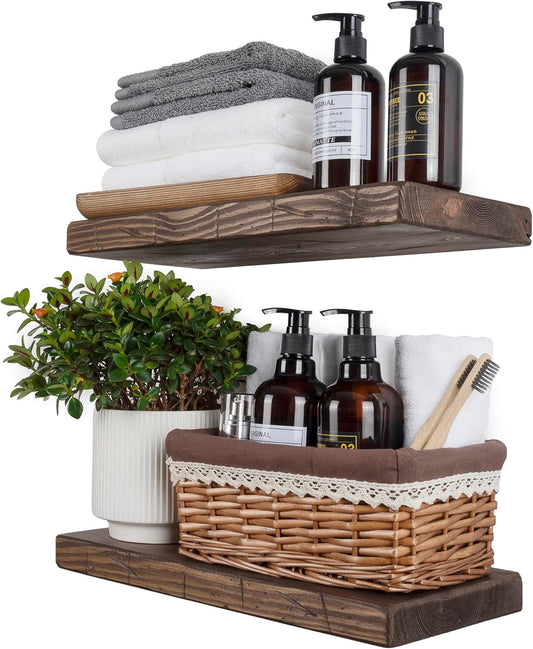 BGMG Wood Floating Shelves for Wall 18 inch, Distressed, Rustic Wooden Wall Mount Shelves for Bathroom Living Room Bedroom Kitchen Farmhouse Set of 2-18x6.7x1.25 inch-Distressed Walnut