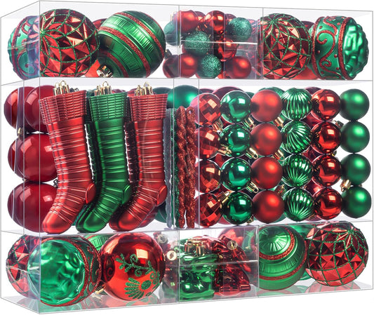 150PCS Red and Green Christmas Ornaments, Shatterproof Christmas Ball Ornaments Set, Assorted Christmas Baubles Hanging Decorations for Xmas Tree Home Festival Party Wedding (Red & Green)