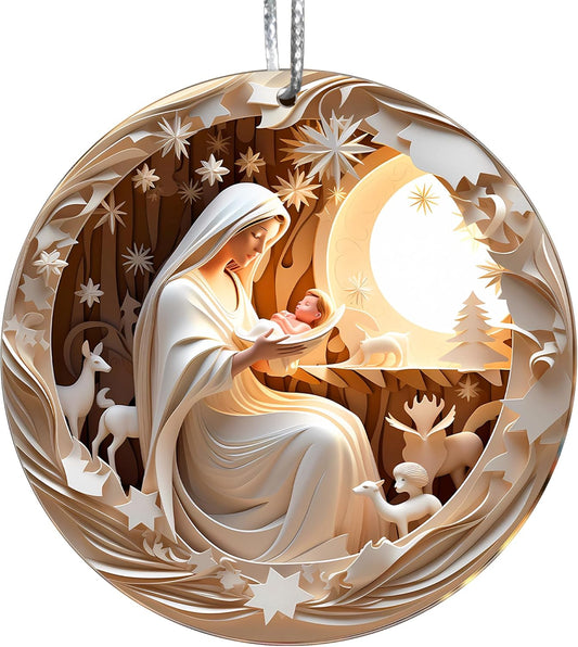 Jabihome Christmas Ornaments 2025, Exchange for Women, Men, Collectible Dated Year Ornaments for Tree, Unique Acrylic Suncatcher, Printed Stained Glass Effect Decor (Moonlit Nativity)