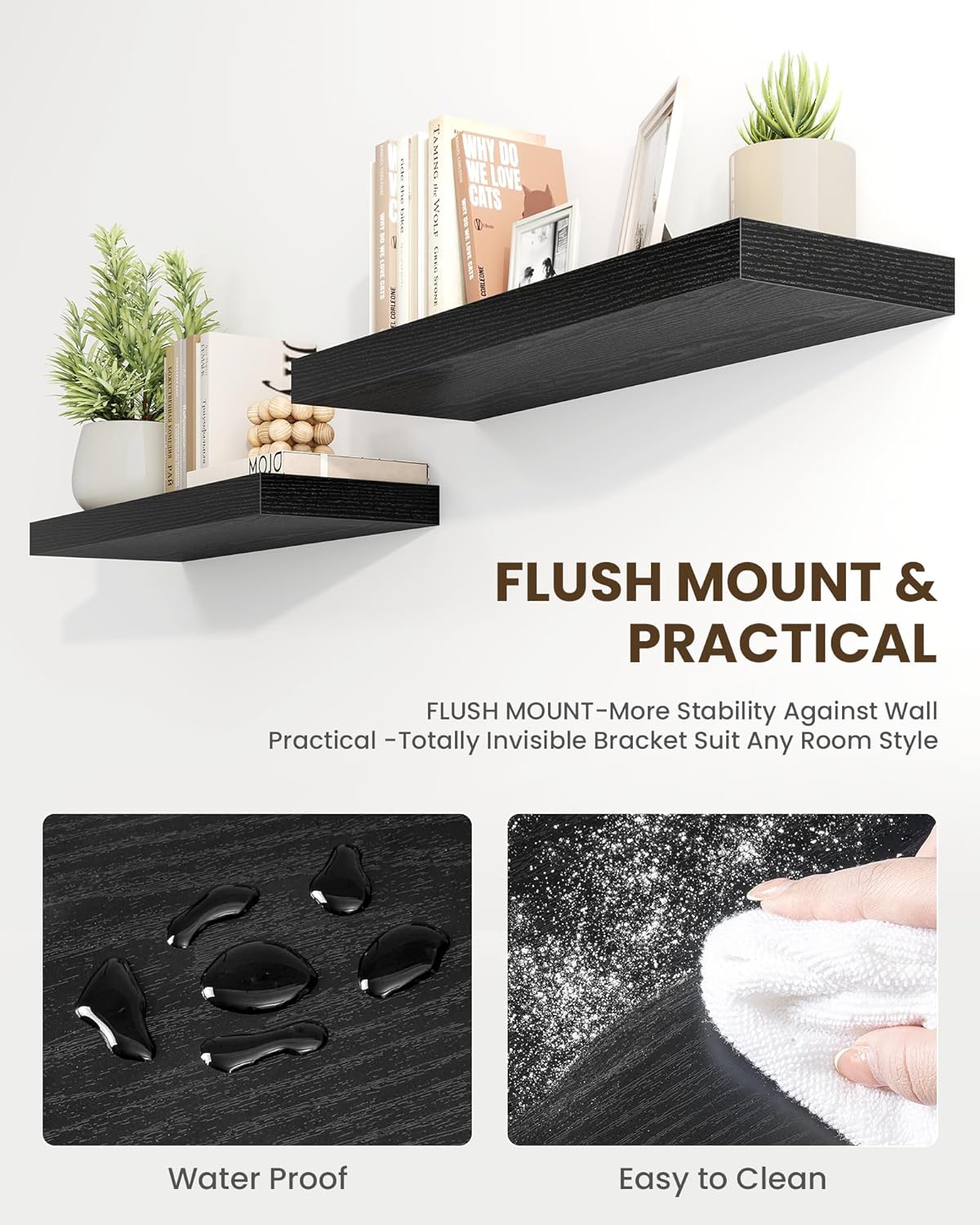 Marsmiles 16" Floating Shelves for Wall, Wooden Shelves with Invisible Brackets Set of 2, Rustic Farmhouse Wall Mounted Shelf for Kitchen Bathroom Living Room Study, Black