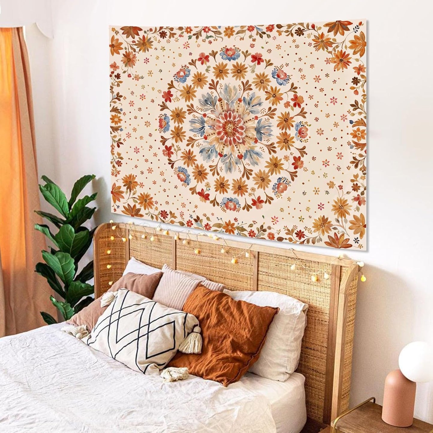 Fowocu Boho Floral Mandala Tapestry Wall Hanging Watercolor Bohemian Flower Medallion Tapestry Aesthetic Beige Orange Hippie Indian Small Tapestries for Bedroom Living Room Dorm Decor 40 x 30 Inch