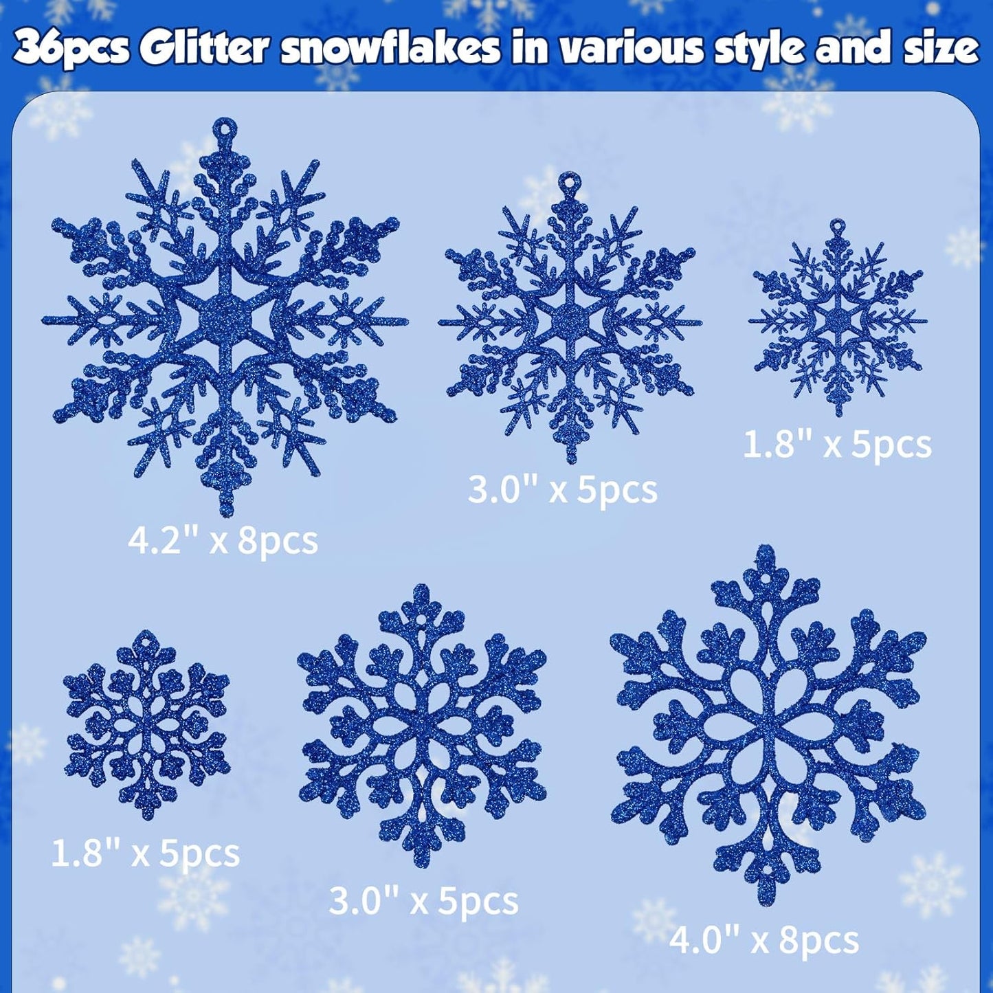 36pcs Christmas Navy Blue Snowflake Ornaments Plastic Glitter Snow Flakes Ornaments for Winter Christmas Tree Decorations Size Varies Craft Snowflakes