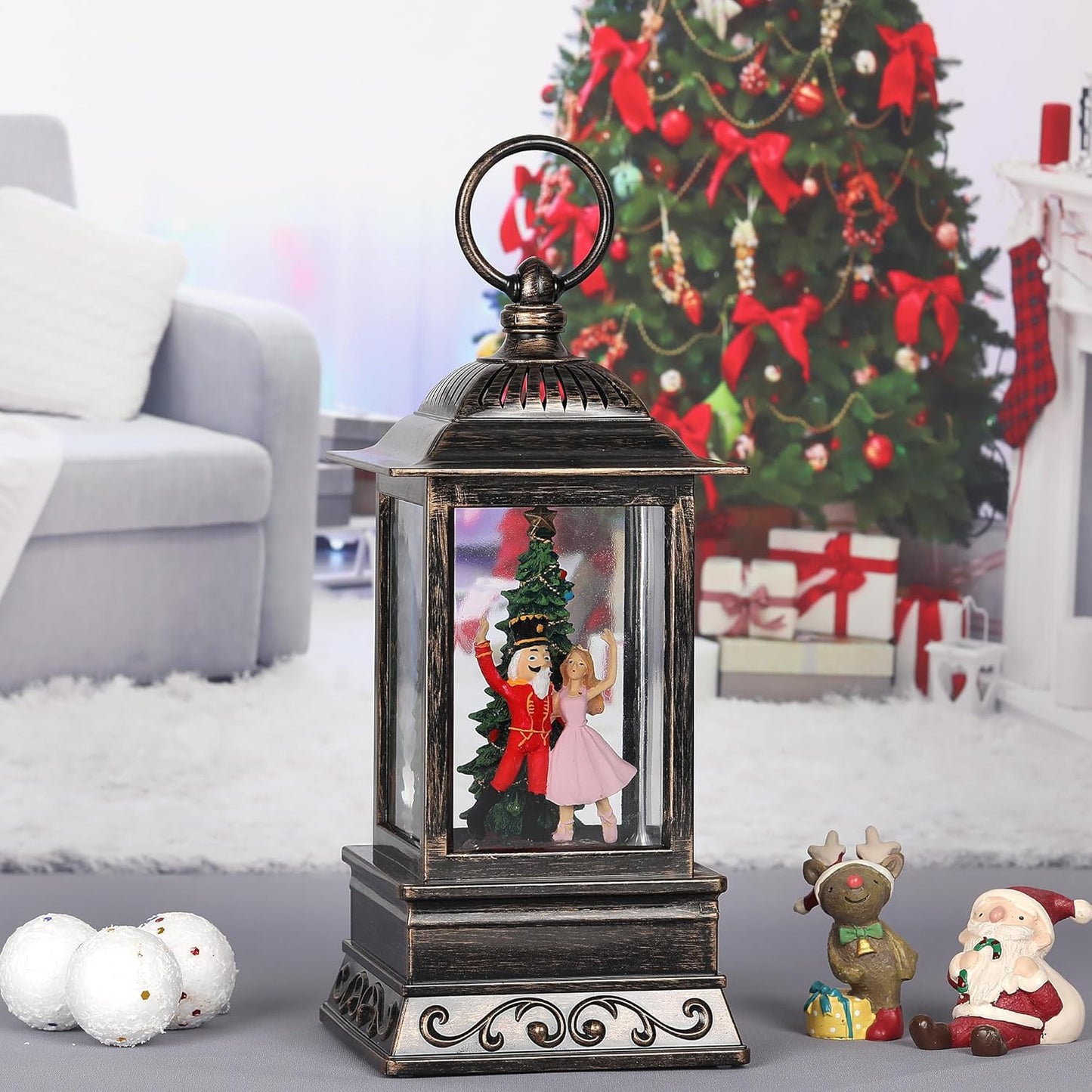 Christmas Snow Globe Nutcracker Lantern, Glitter Lighted Christmas Decorations for Home with Music, Light Up Snowglobe Christmas Décor