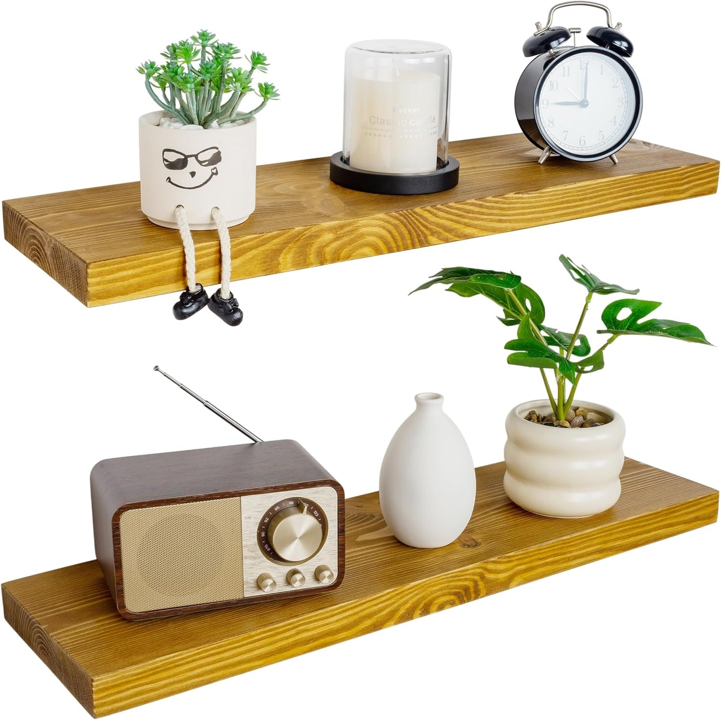 BGMG Wood Floating Shelves for Wall 30 inch Set of 2, Rustic Wooden Wall Mount Shelves for Living Room Bedroom Kitchen Farmhouse -30x6.7x1.25 inch- Gold Oak