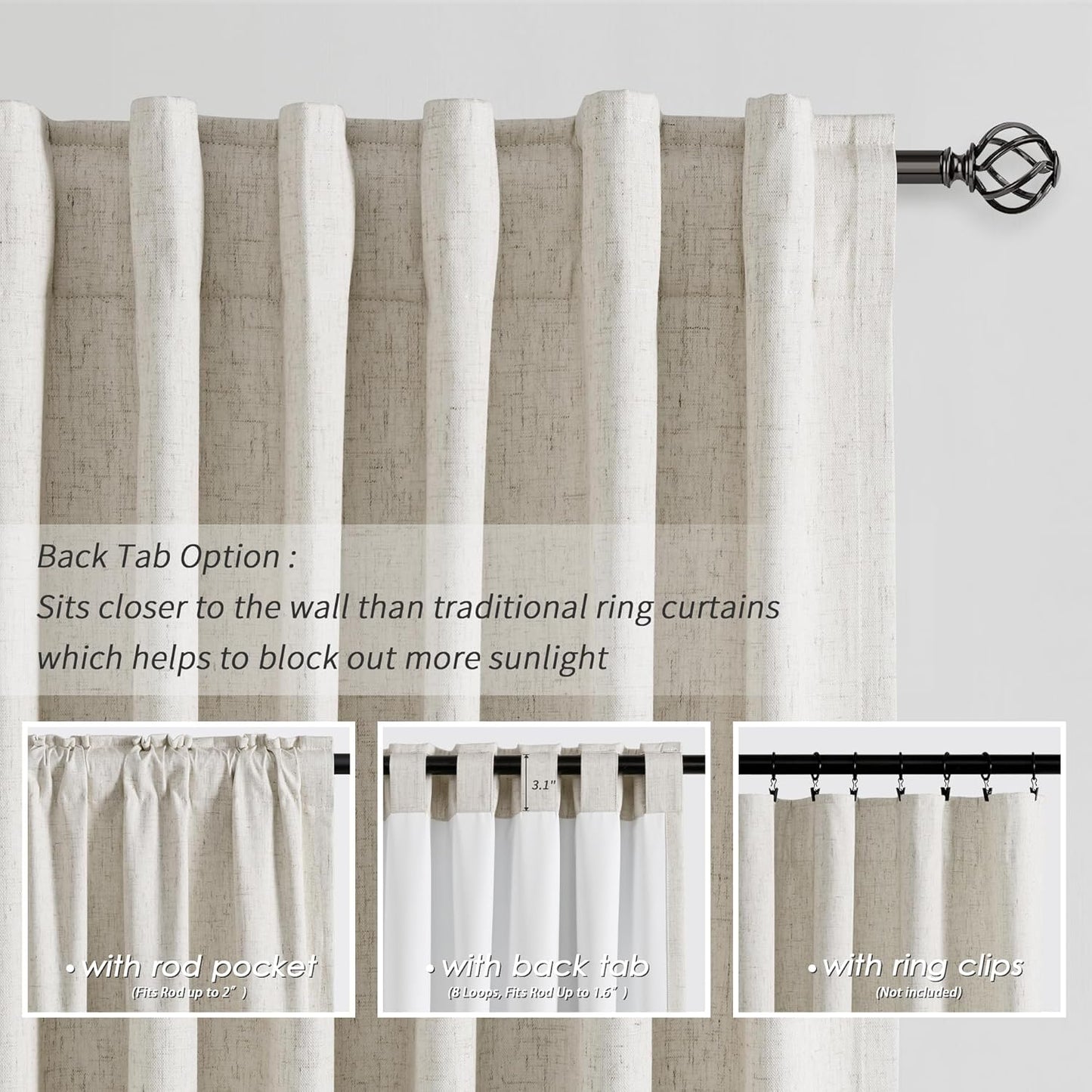108 Inch Black Out Curtains 2 Panels Set Back Tab Thermal Insulated Natural Linen Textured Blackout Curtains Noise Reducing Cream Colored Neutral Living Room Darkening Window Drapes Pleated 52x108