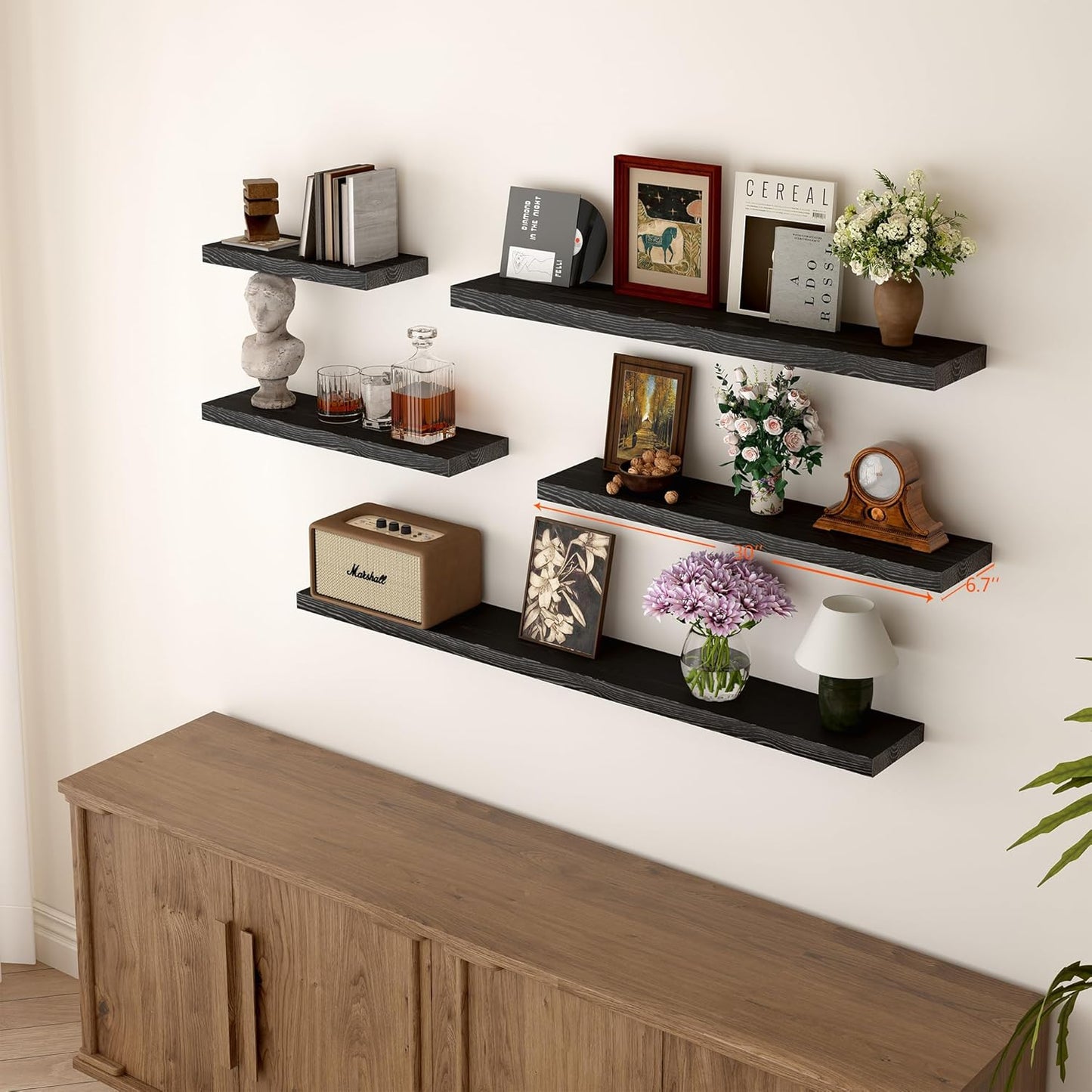 BGMG Wood Floating Shelves for Wall 30 inch Set of 2,Black Floating Shelves,Solid Wood Wall Mount Shelves for Bathroom Living Room Bedroom Kitchen Farmhouse -30x 6.7 x1.25 inch