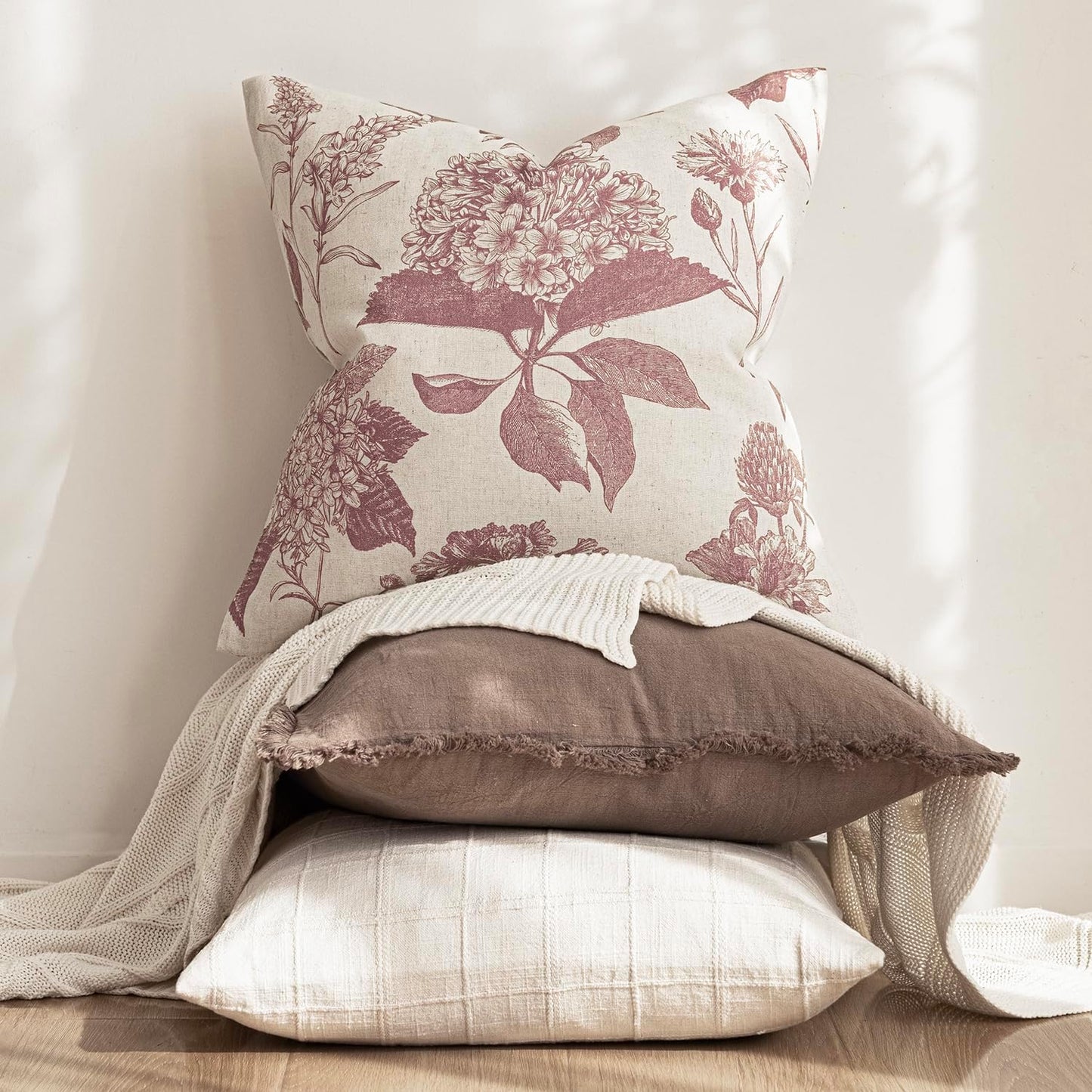 Foindtower Set of 2 Linen Floral Throw Pillow Covers Vintage Accent Print Decorative Cushion Covers Farmhouse Boho Home Decor for Sofa Chair Couch Bedroom Living Room Outdoor,18×18 Inch,Dark Pink