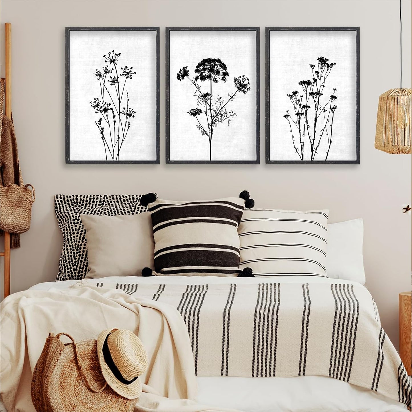 Flower Plant Wall Art Decor 16"x11" Set of 3 Black And White Botanical Painting Wood Framed For Minimalist Bedroom Office Rustic Living Room Abstract Wildflower Sign Hanging (Black)