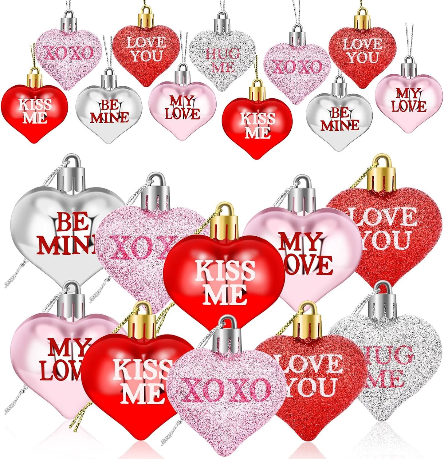 JULMELON 24Pcs Valentine's Day Heart Shaped Ornaments Romantic Valentines Conversation Heart Hanging Ornaments Decorations for Home Party Wedding Decor (Red, Pink and Silver)