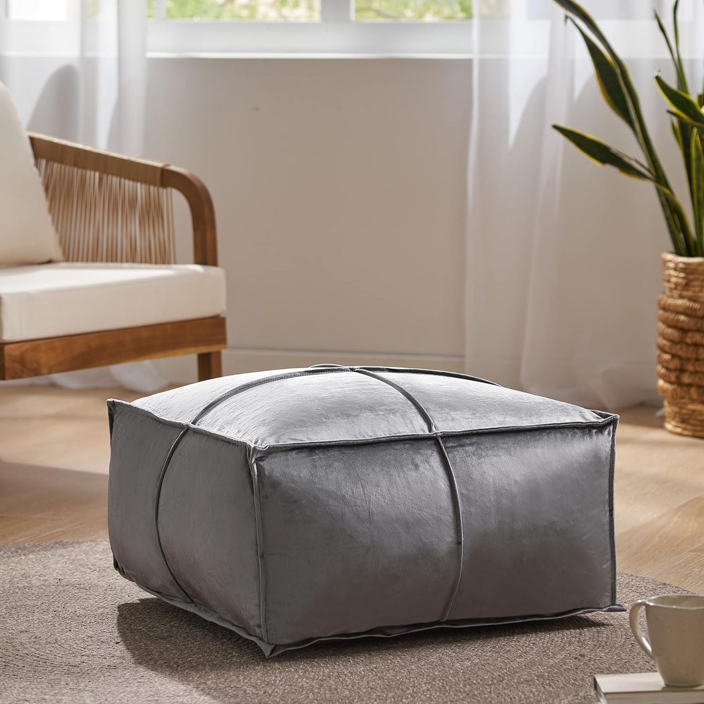 GDFStudio Modern Glam Velvet Square Pouf Ottoman Foot Stool - Bean Bag Floor Chair - Foot Rest Couch for Living Room Bedroom,Smoke,24" x 24" x 12"